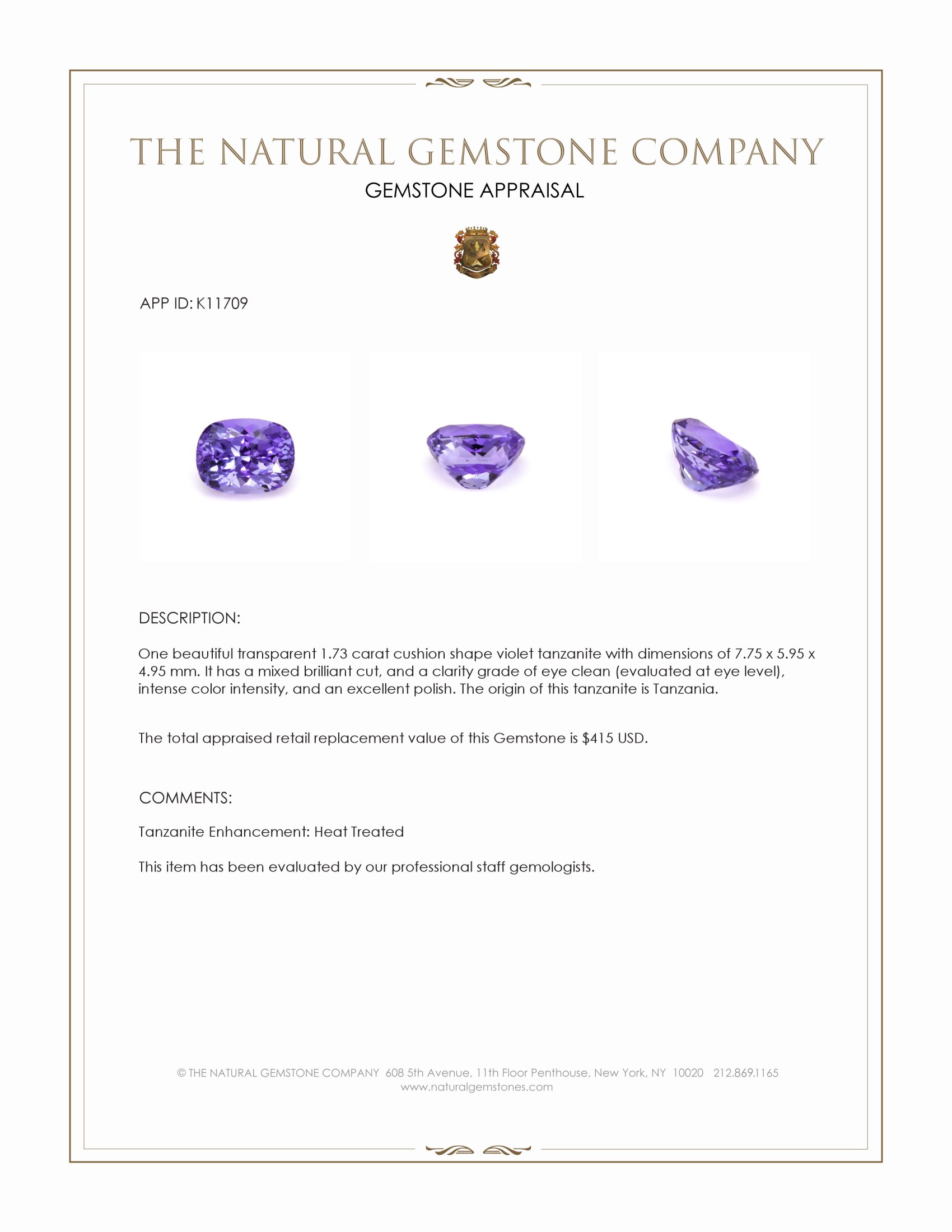 1.73 Ct. Tanzanite from Tanzania