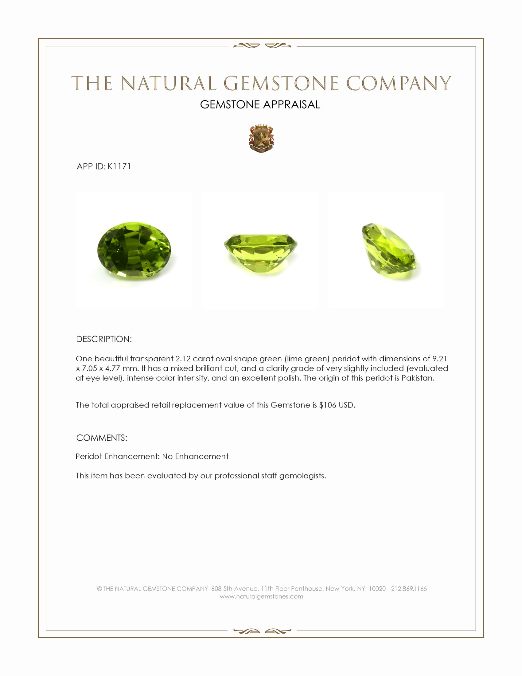 2.12 Ct. Green (Lime Green) Peridot from Pakistan
