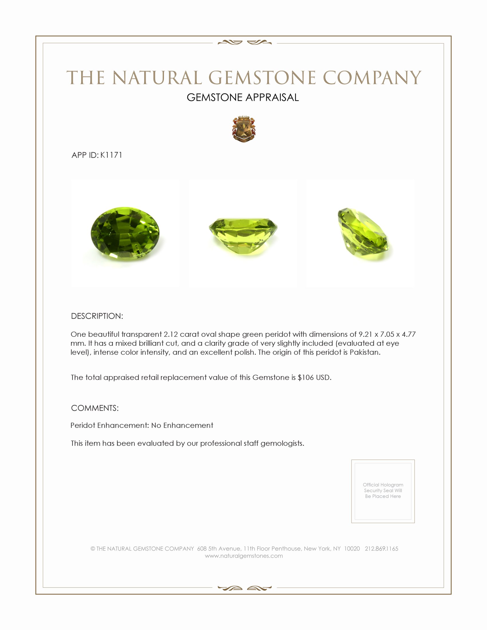 2.12 Ct. Peridot from Pakistan