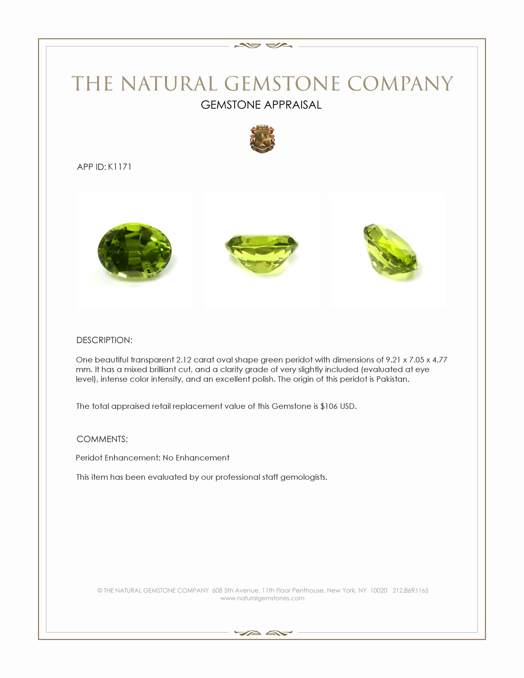 2.12 Ct. Peridot from Pakistan