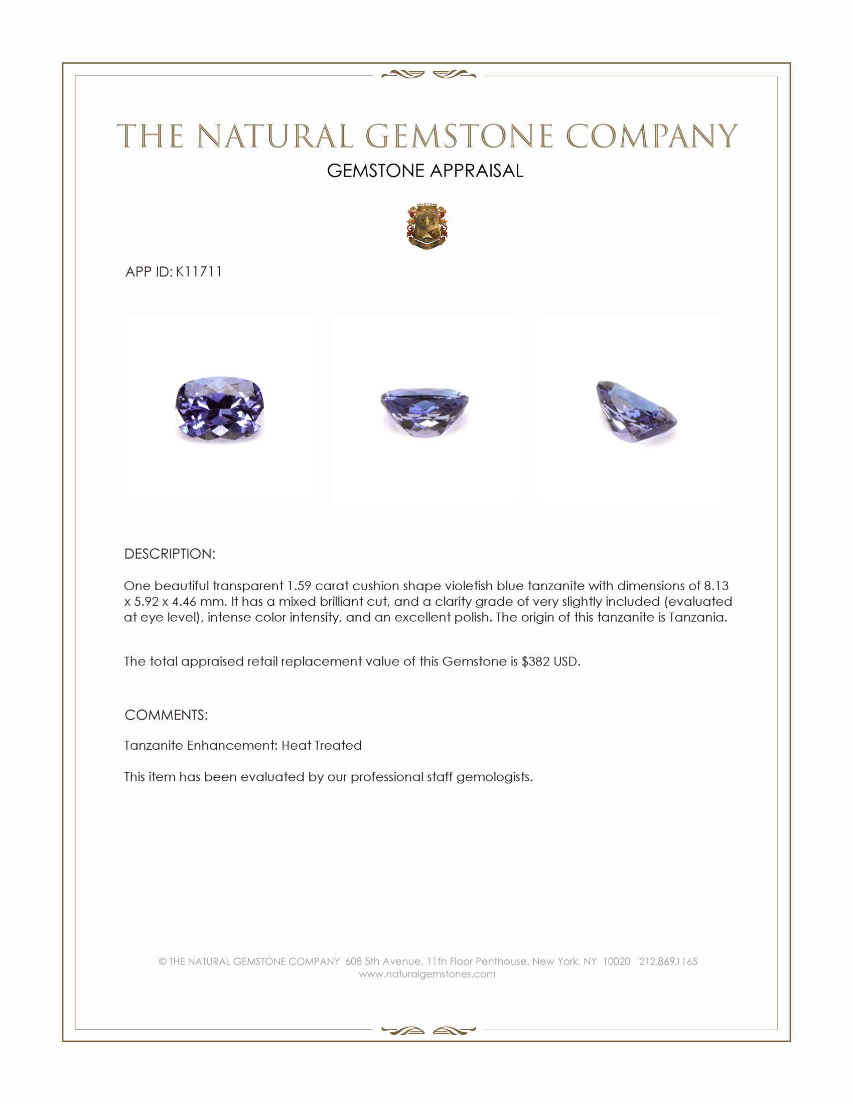 1.59 Ct. Tanzanite from Tanzania