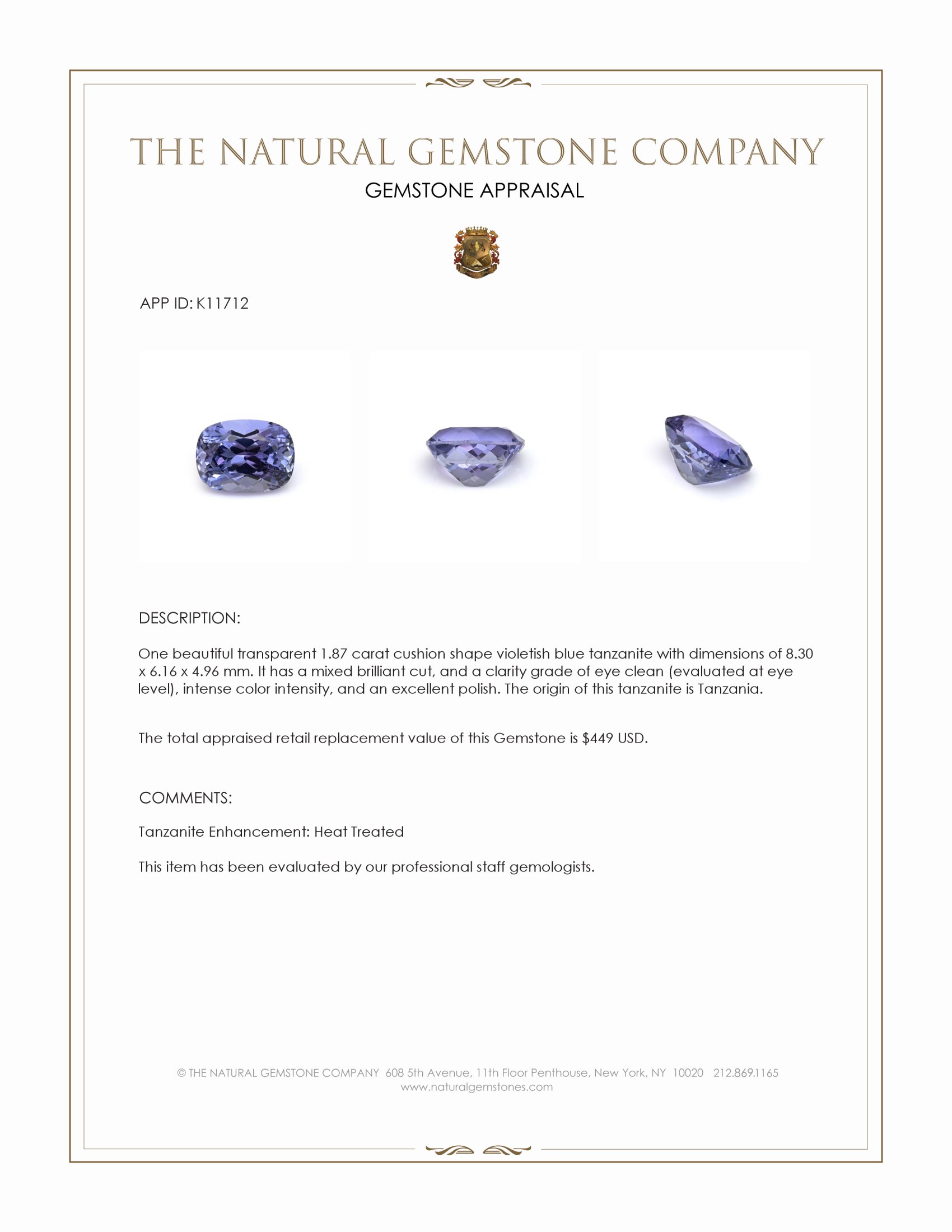 1.87 Ct. Tanzanite from Tanzania