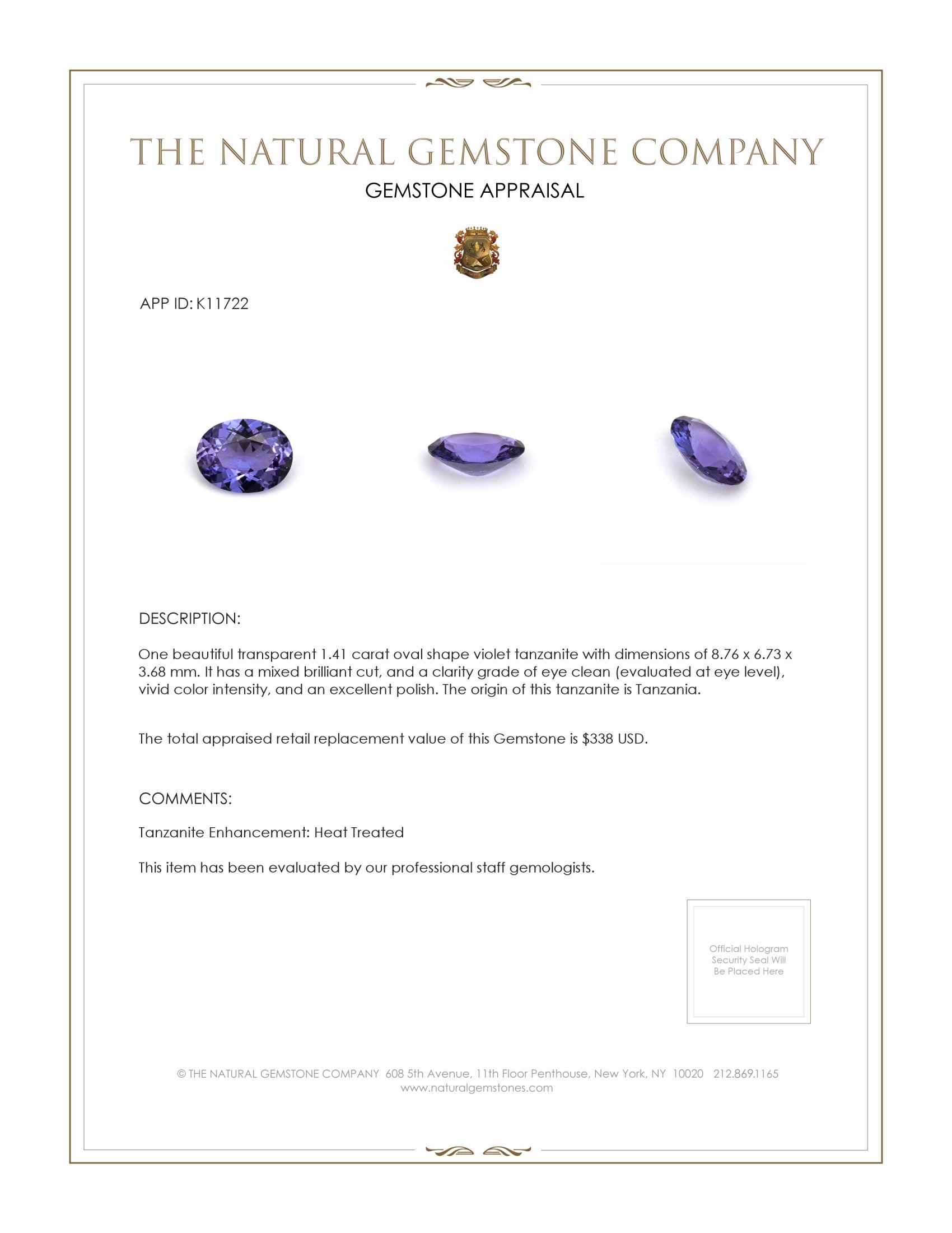 1.41 Ct. Tanzanite from Tanzania