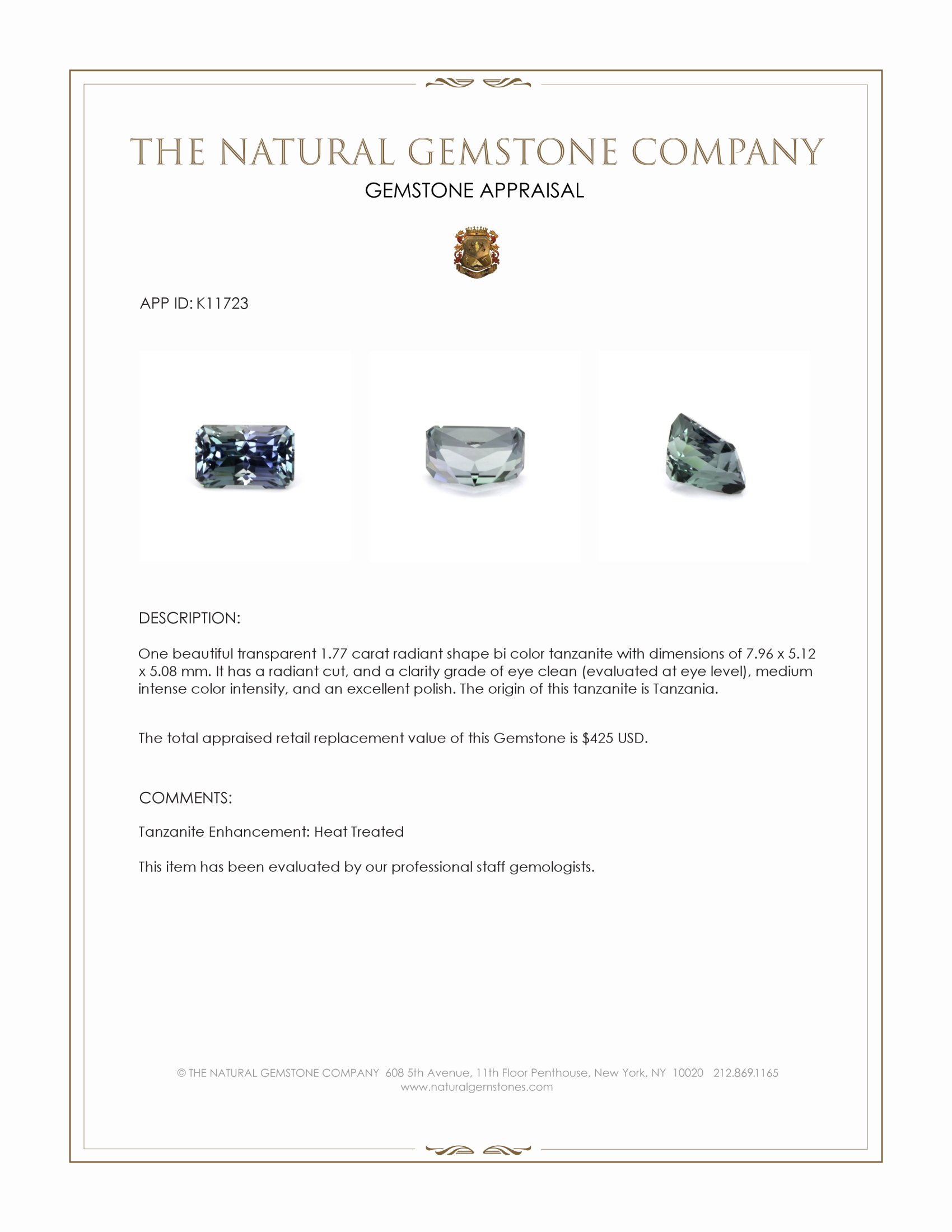 1.77 Ct. Tanzanite from Tanzania