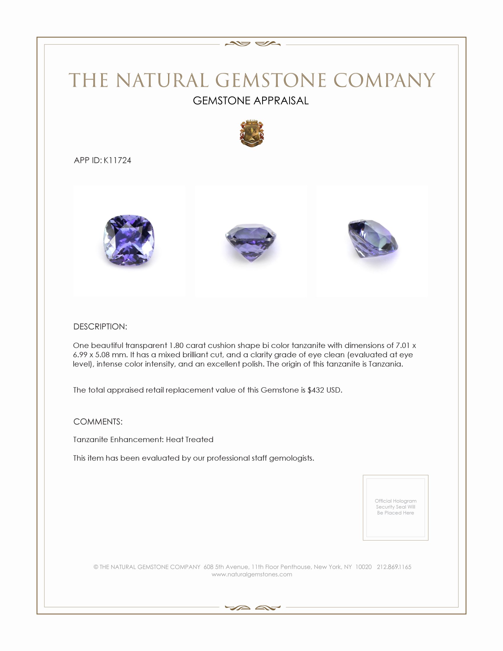 1.80 Ct. Tanzanite from Tanzania