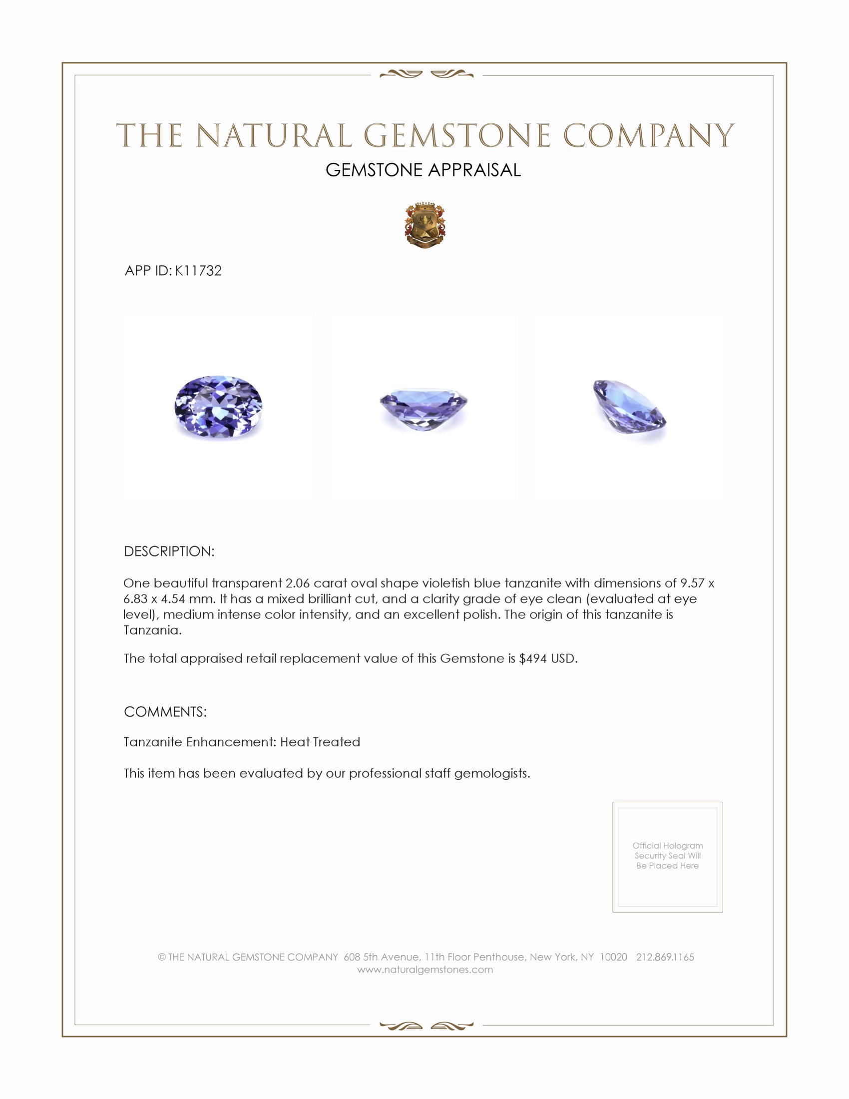 2.06 Ct. Tanzanite from Tanzania