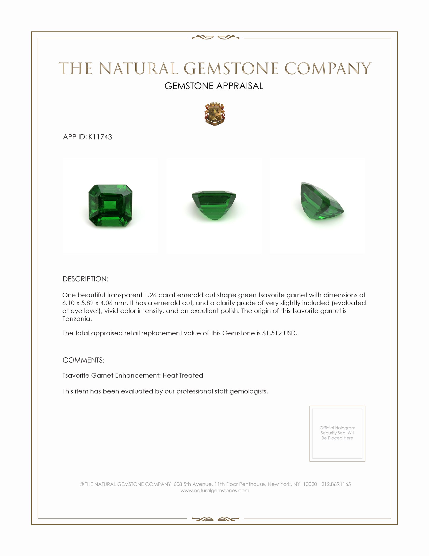 1.26 Ct. Tsavorite Garnet from Tanzania