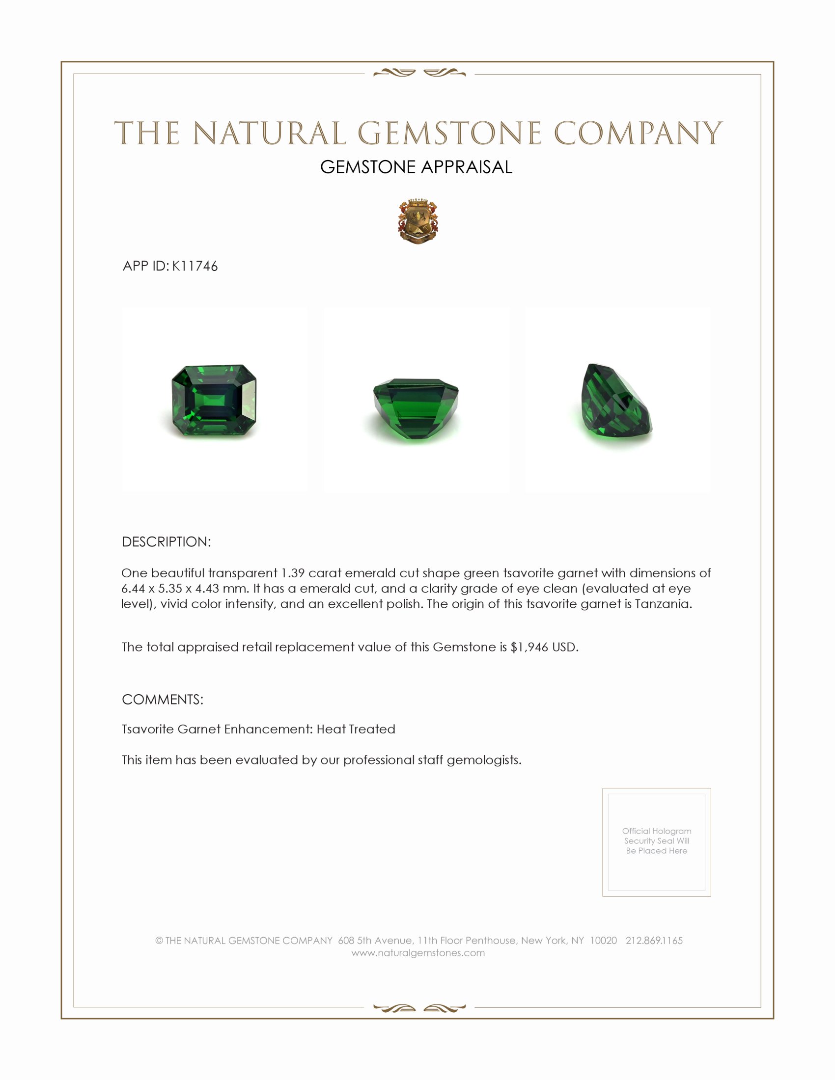 1.39 Ct. Tsavorite Garnet from Tanzania