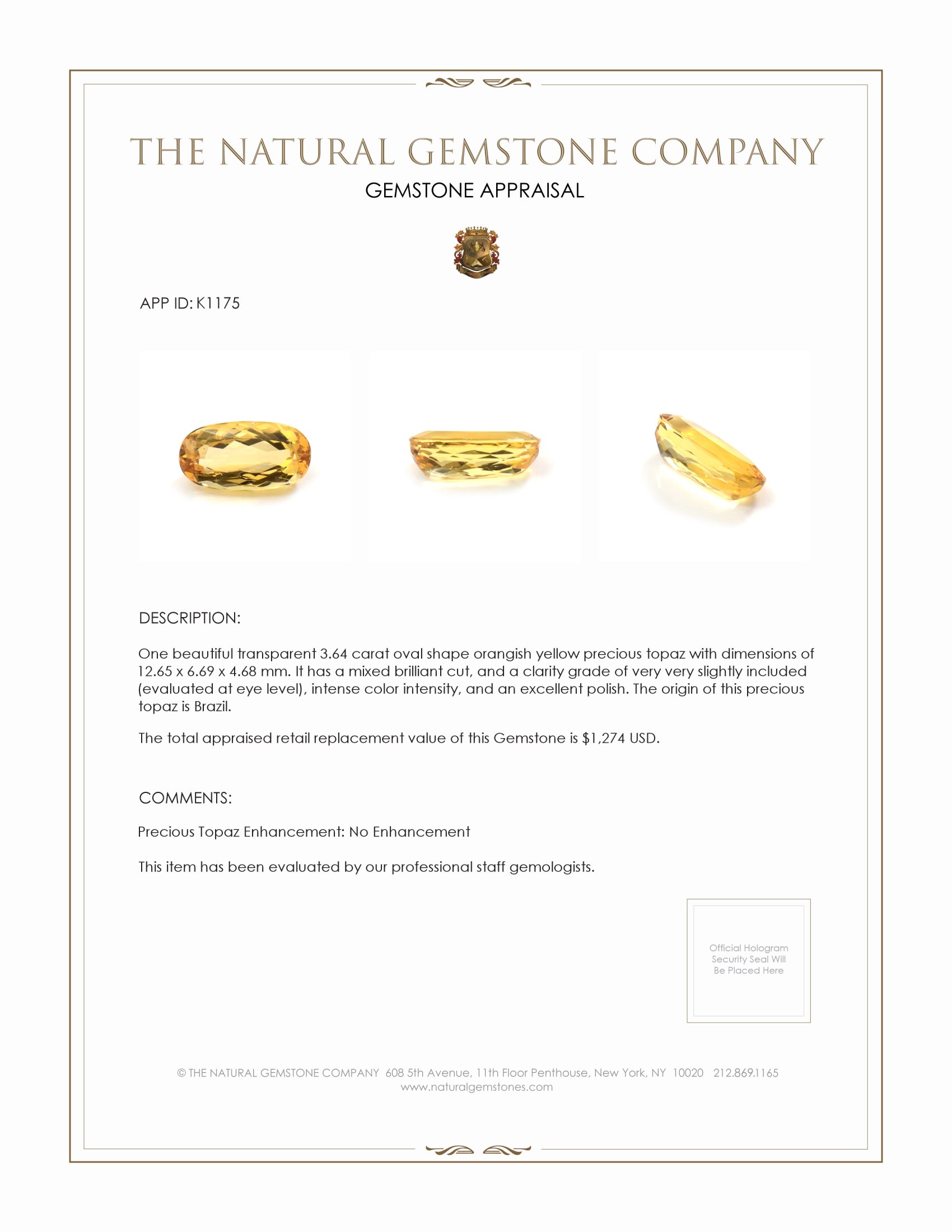 3.64 Ct. Precious Topaz from Brazil