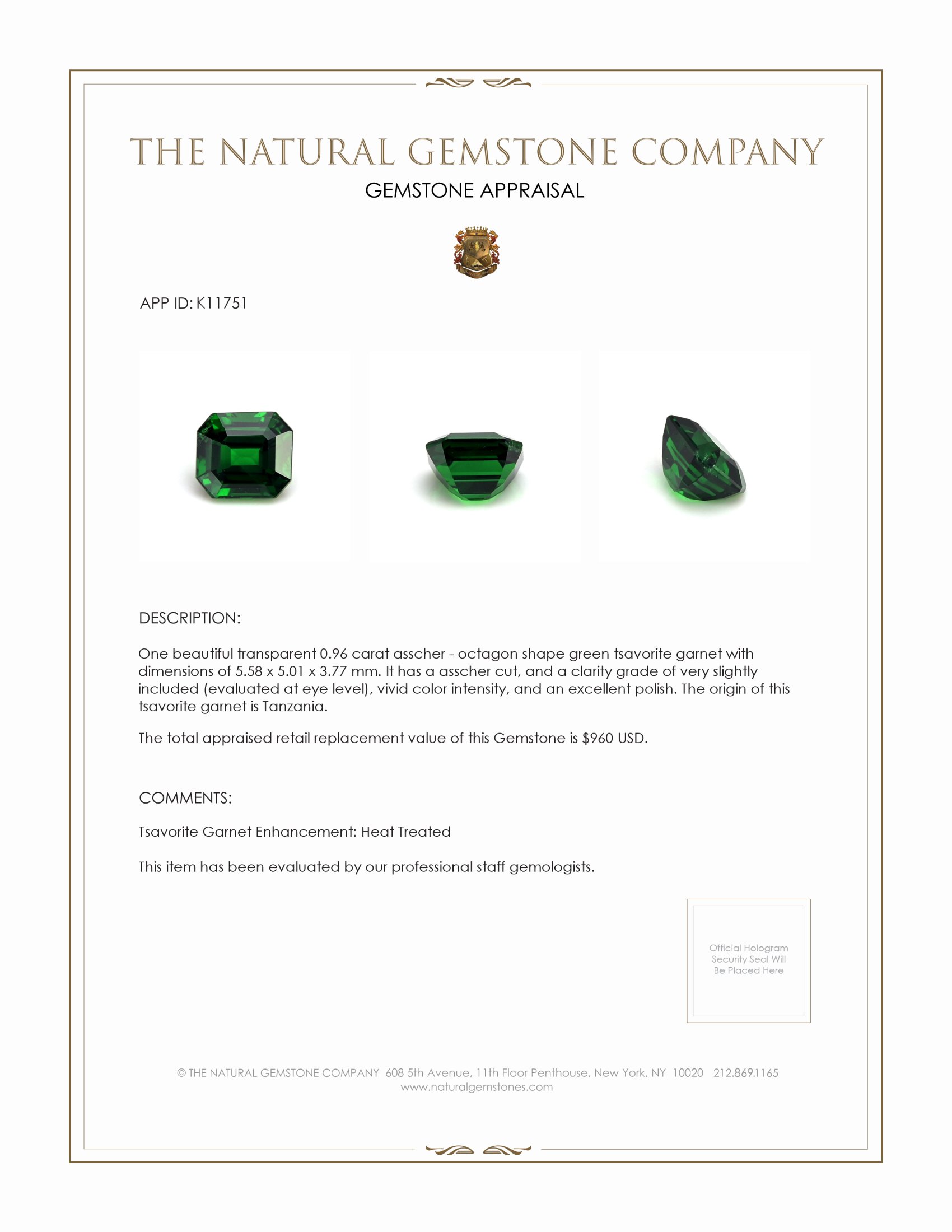 0.96 Ct. Tsavorite Garnet from Tanzania