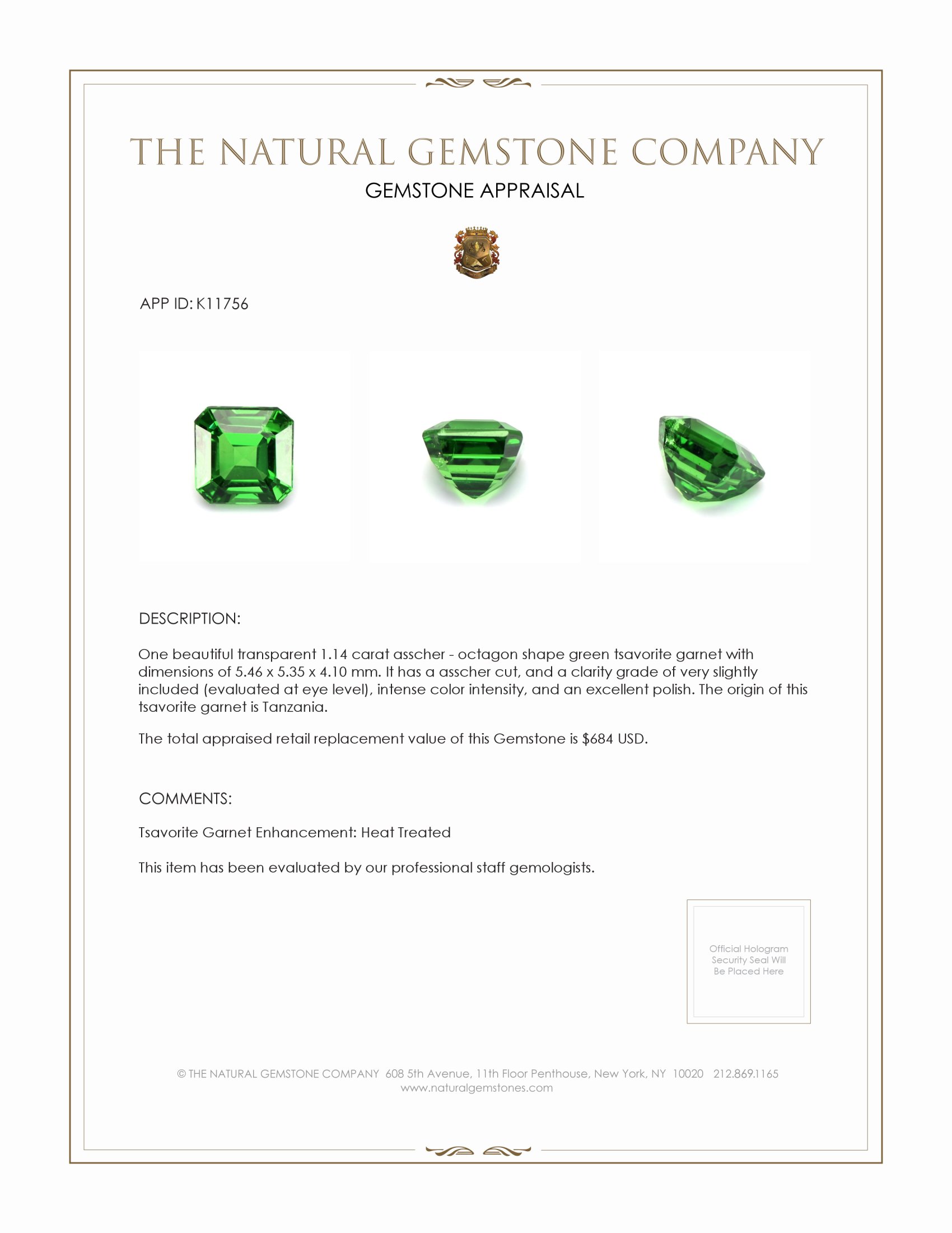 1.14 Ct. Tsavorite Garnet from Tanzania