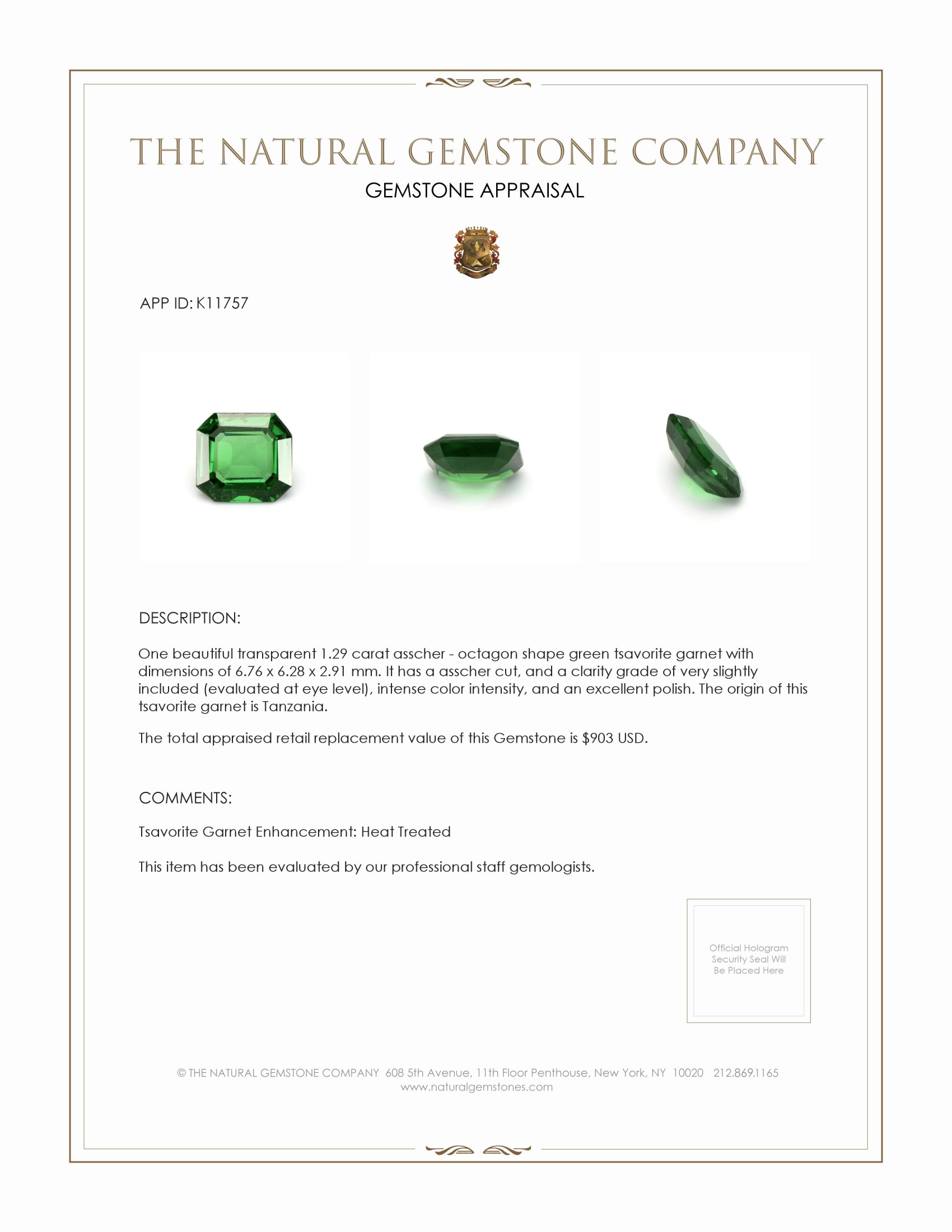 1.29 Ct. Tsavorite Garnet from Tanzania