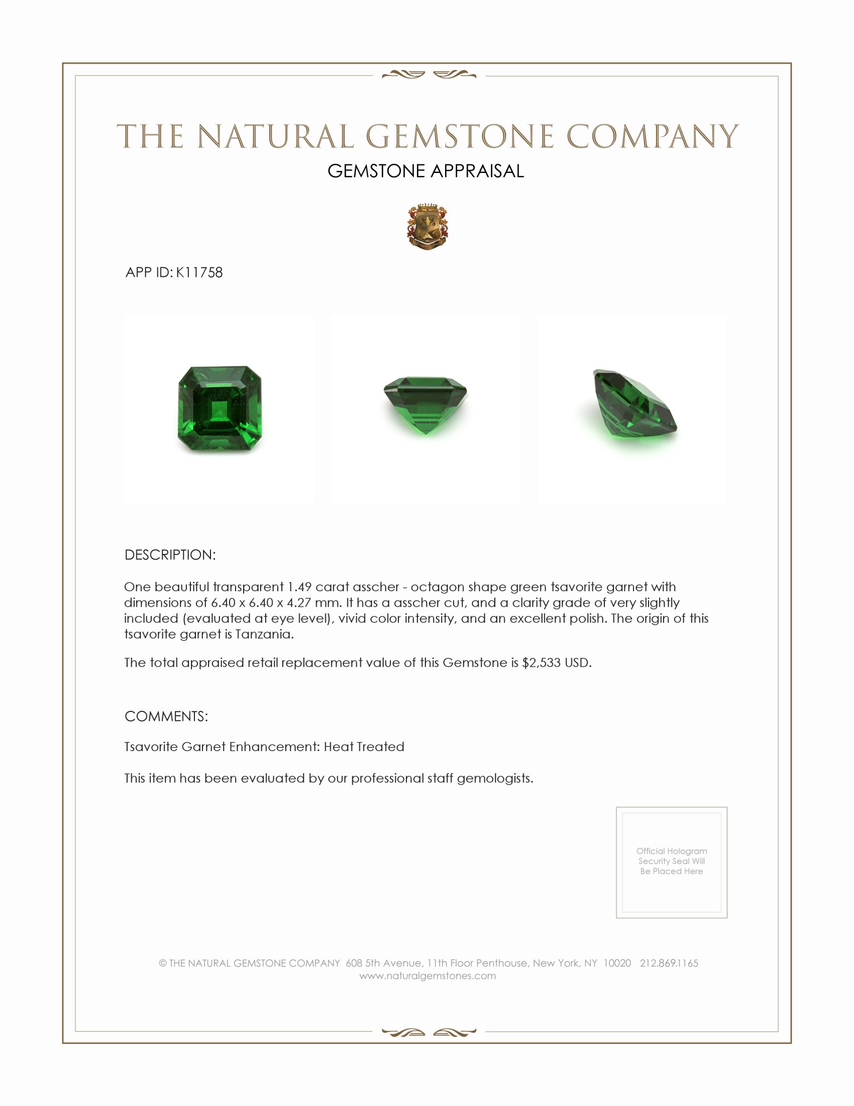 1.49 Ct. Tsavorite Garnet from Tanzania