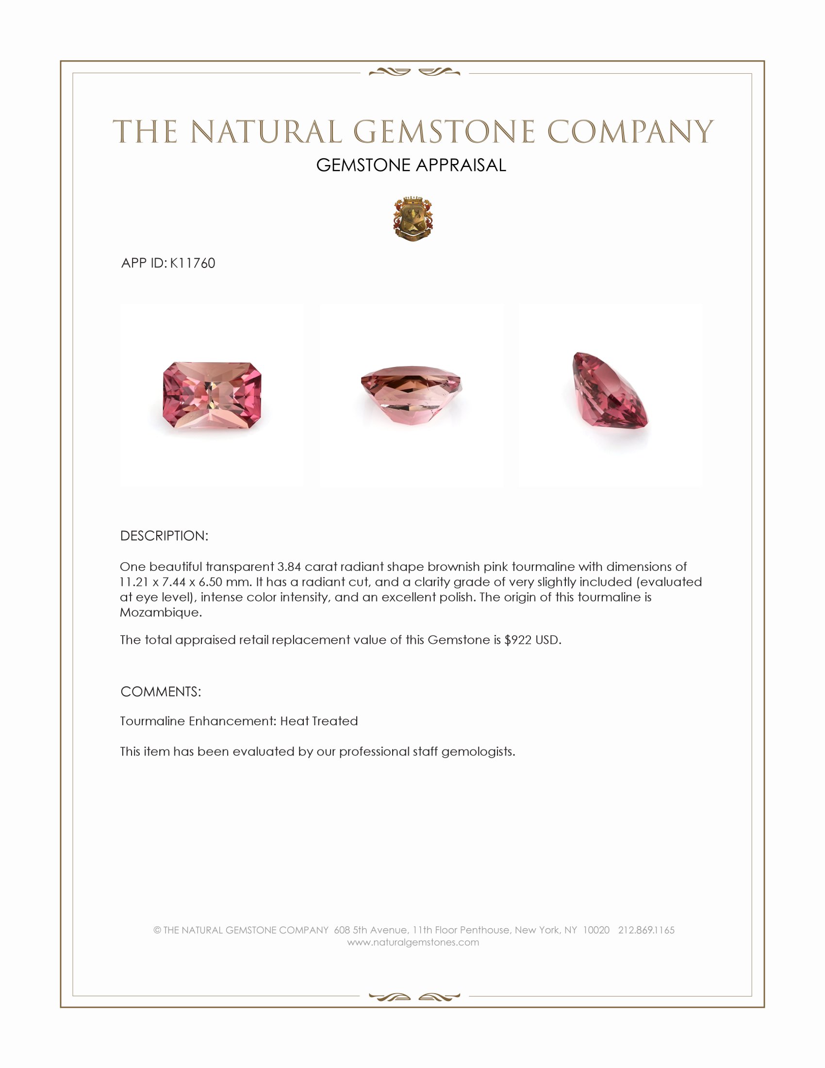 3.84 Ct. Brownish Pink Tourmaline from Mozambique