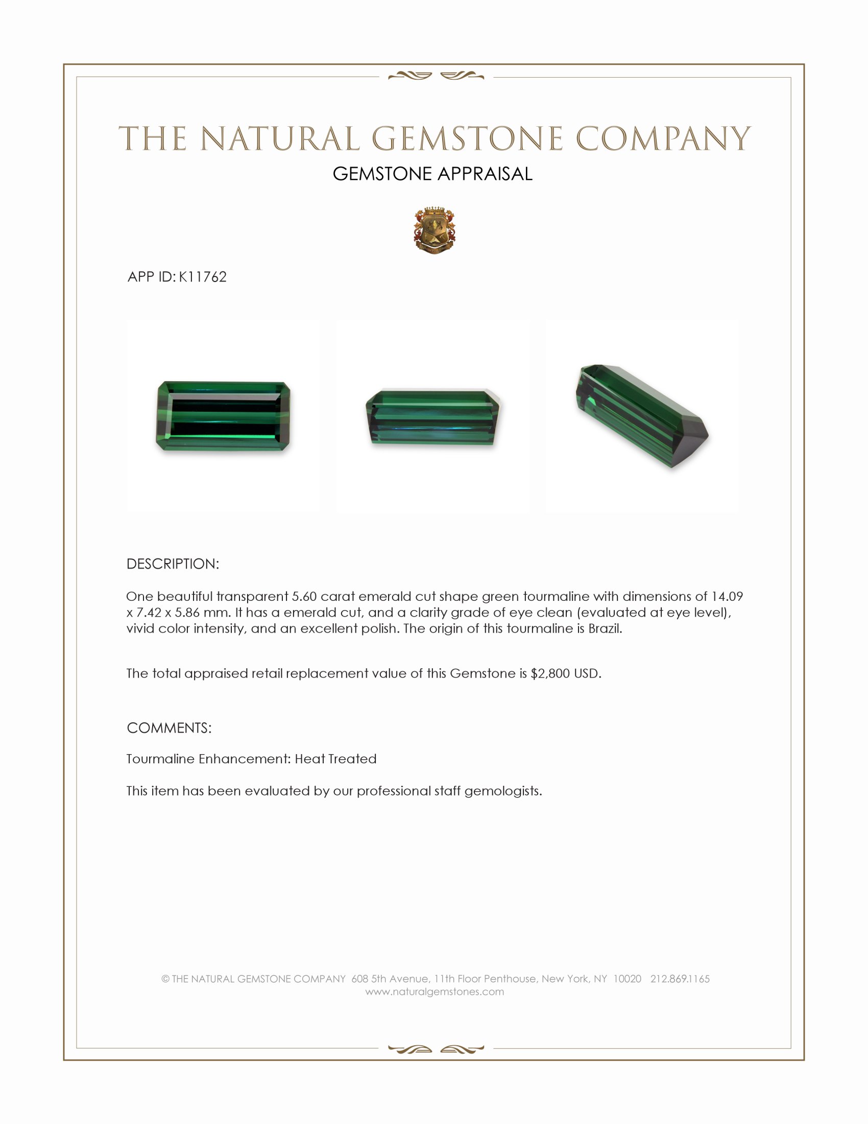 5.60 Ct. Green Tourmaline from Brazil