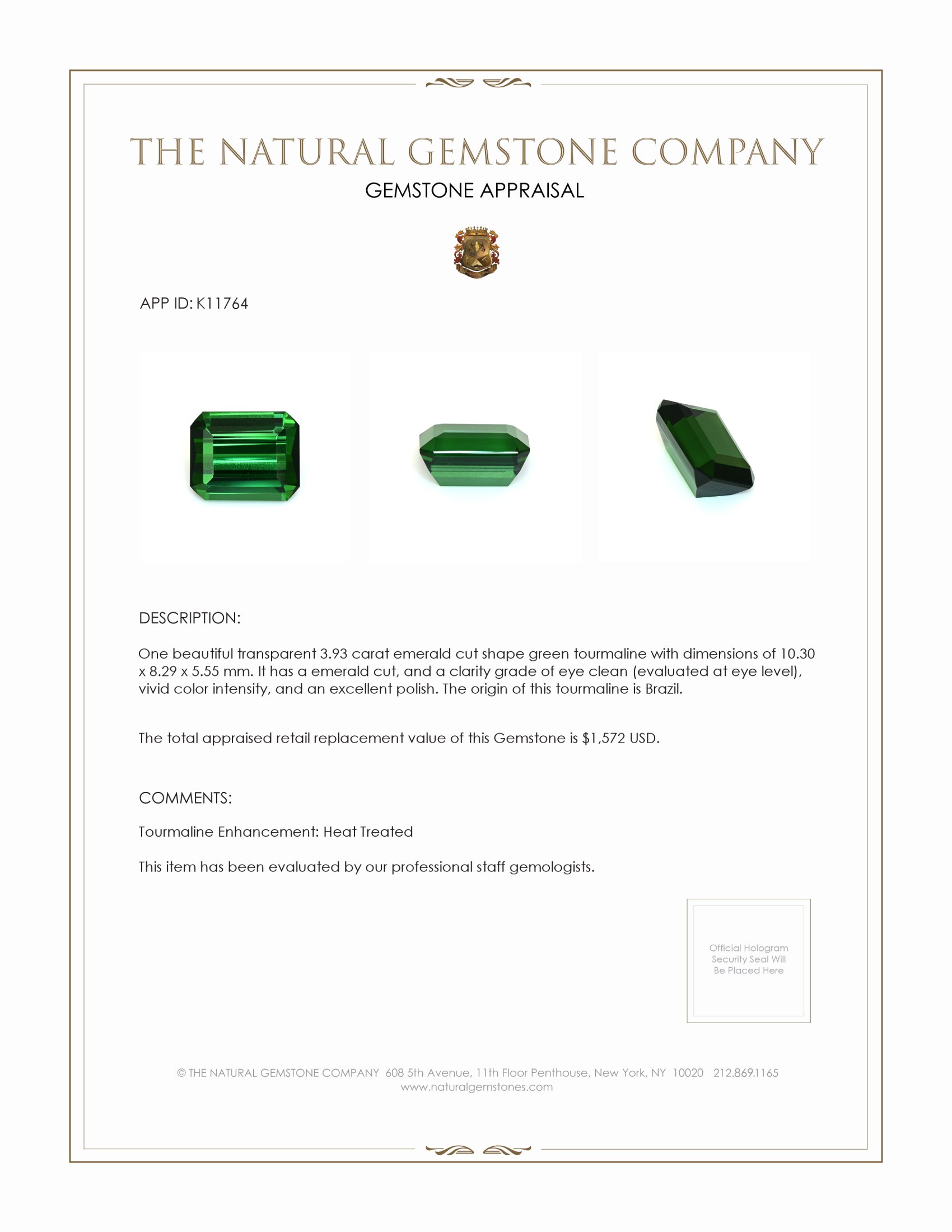 3.93 Ct. Green Tourmaline from Brazil