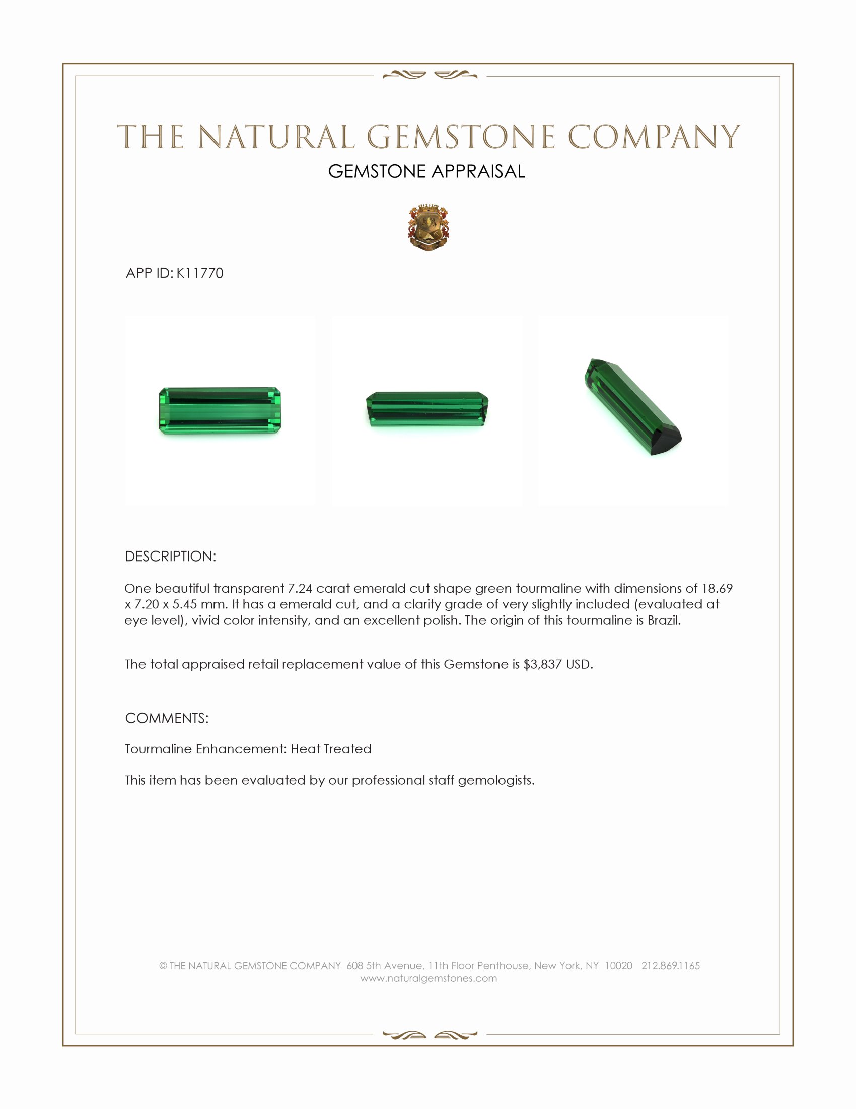 7.24 Ct. Green Tourmaline from Brazil