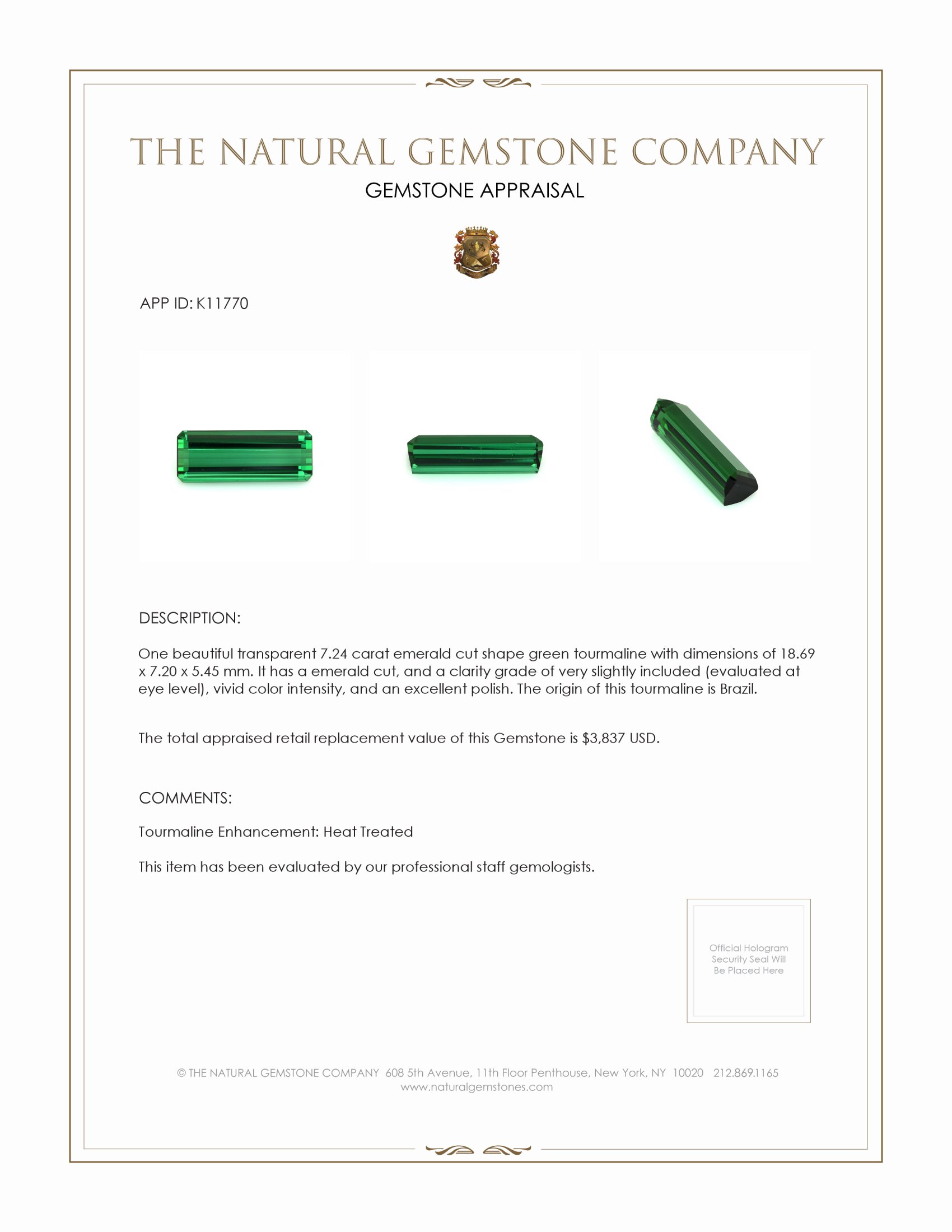 7.24 Ct. Tourmaline from Brazil