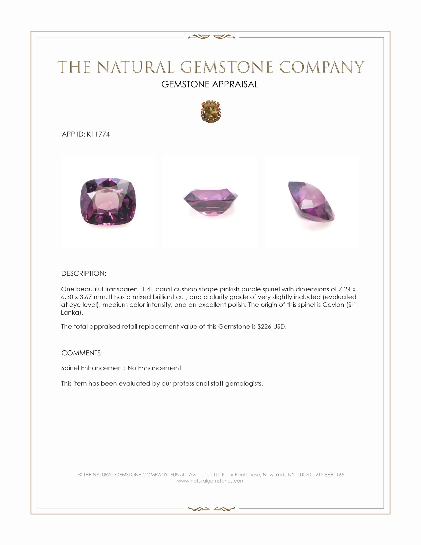1.41 Ct. Pinkish Purple Spinel from Ceylon (Sri Lanka)