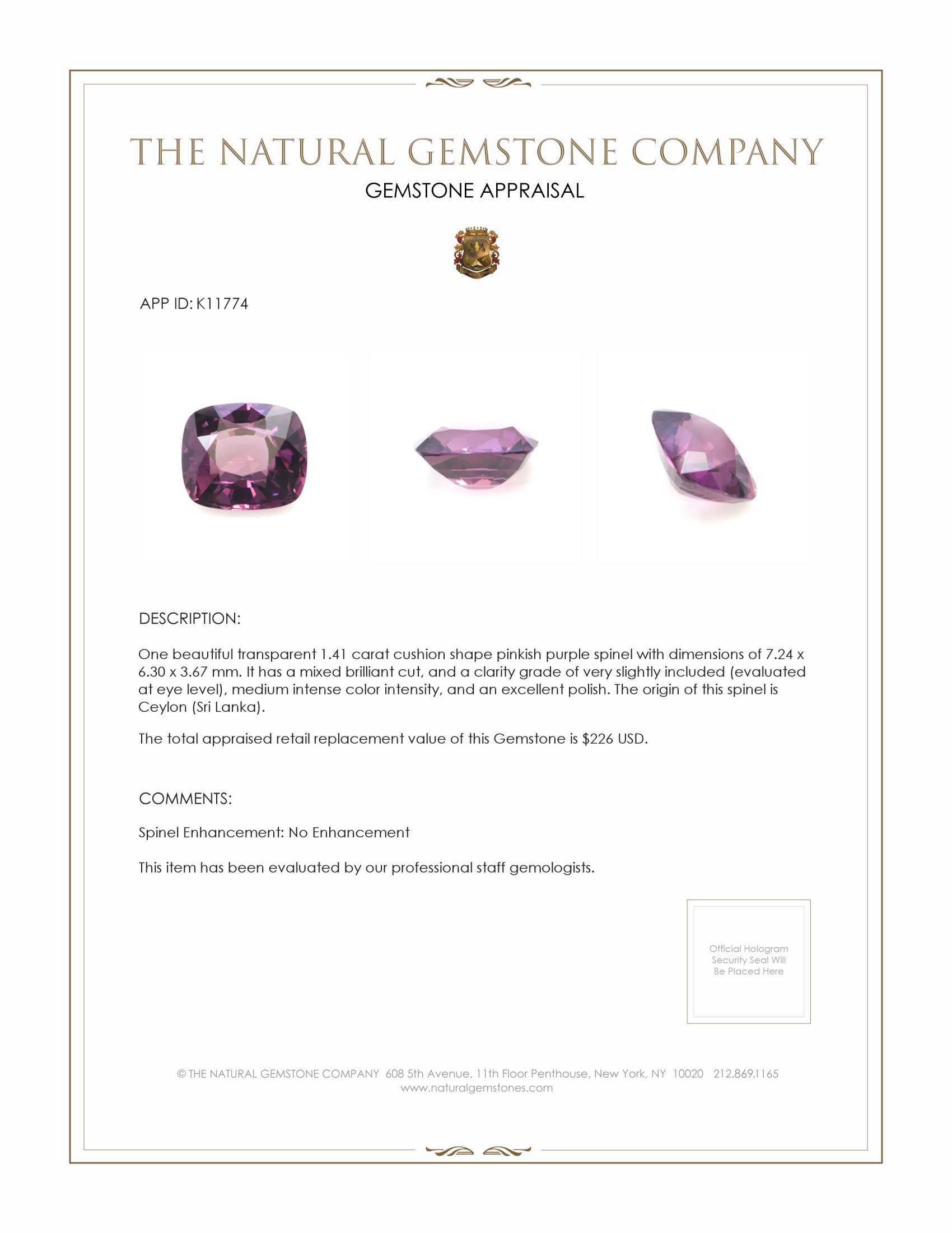 1.41 Ct. Spinel from Ceylon (Sri Lanka)