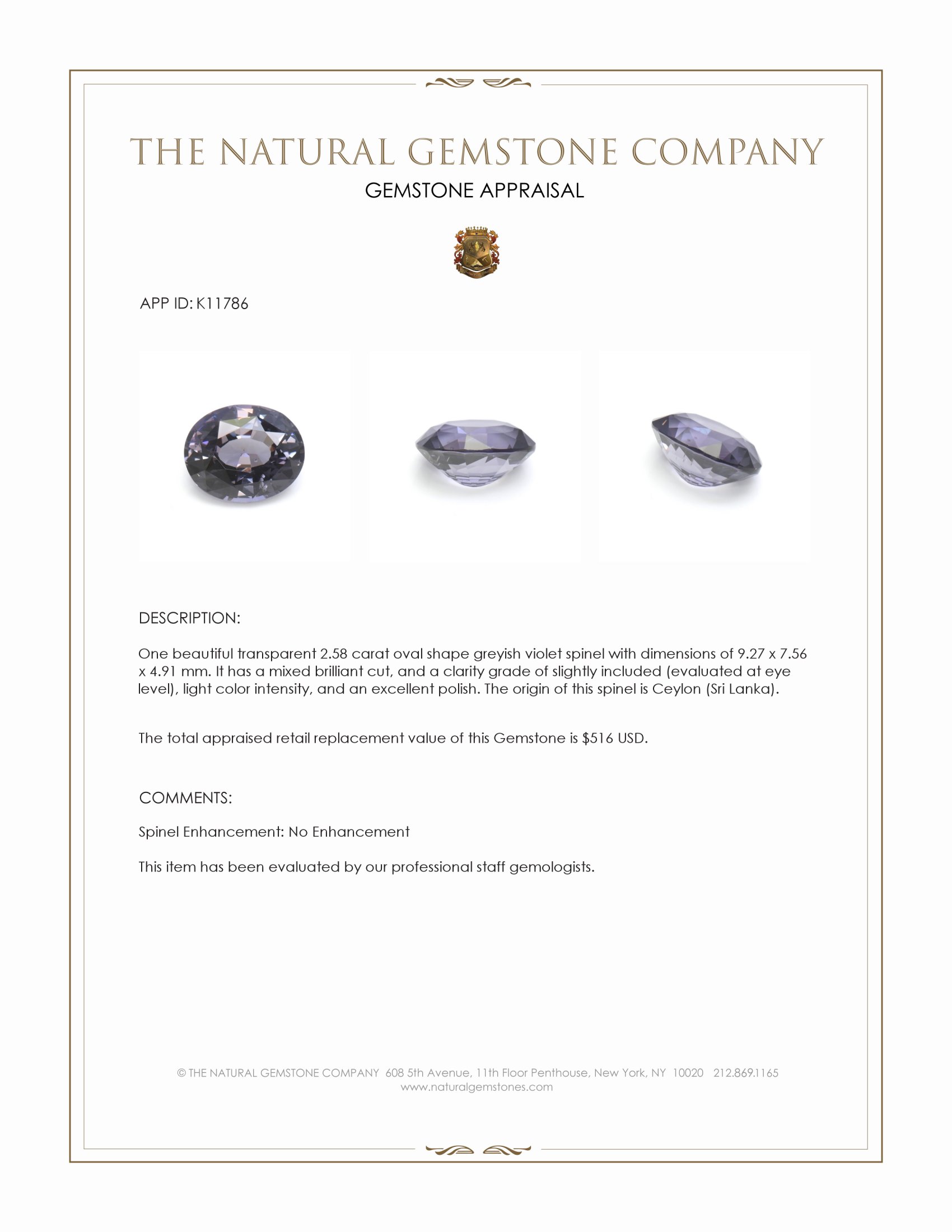 2.58 Ct. Greyish Violet Spinel from Ceylon (Sri Lanka)