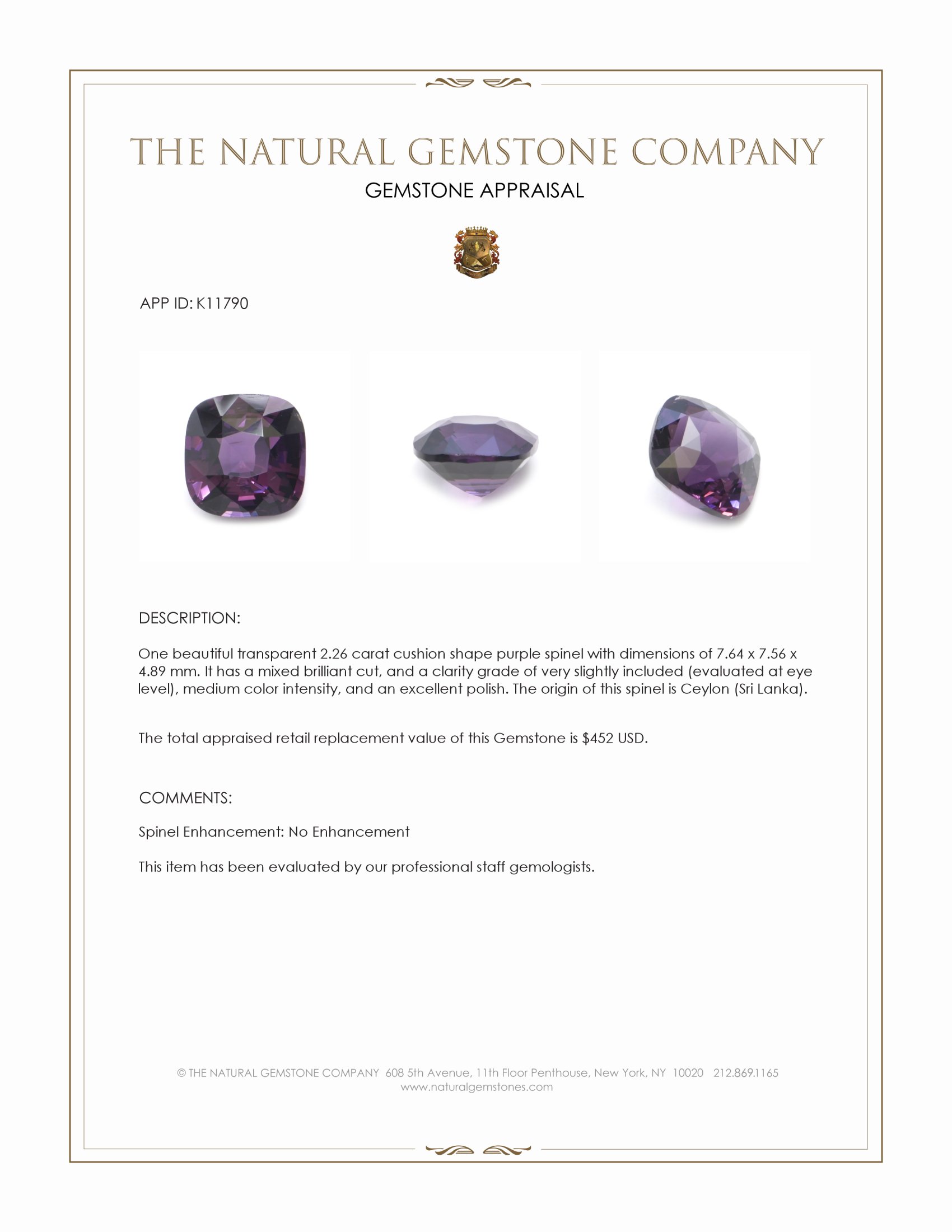 2.26 Ct. Purple Spinel from Ceylon (Sri Lanka)