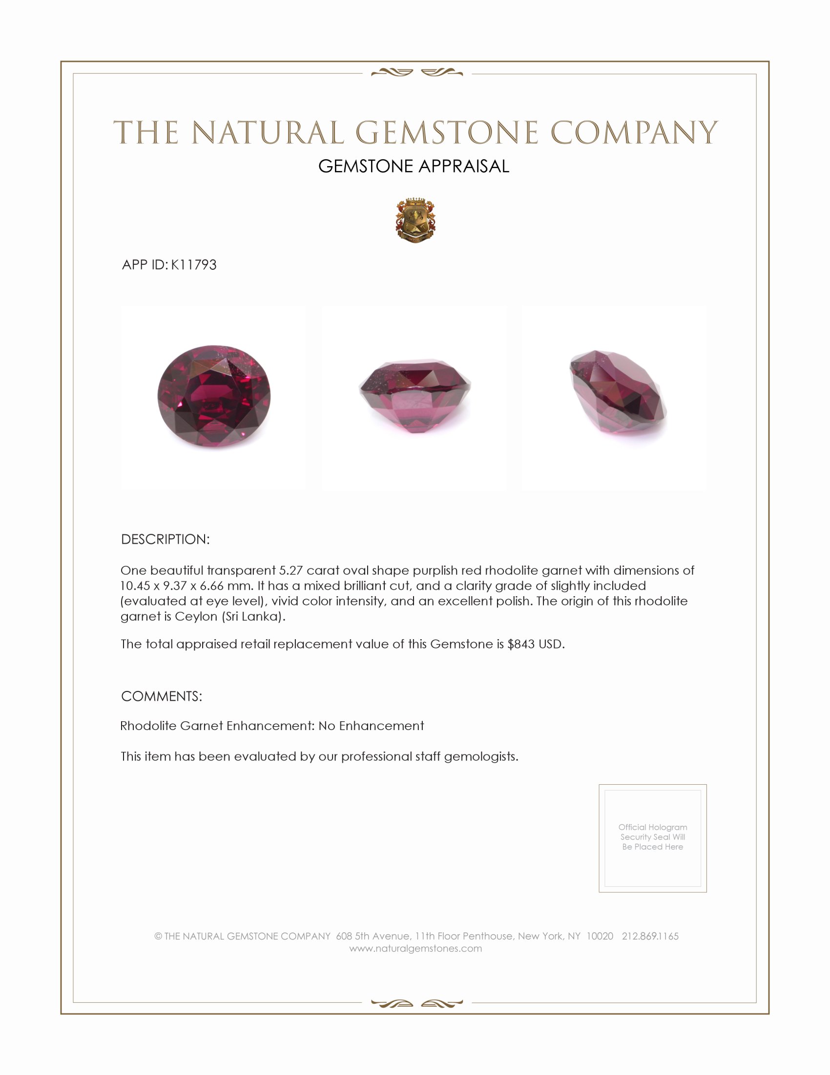 5.27 Ct. Rhodolite Garnet from Ceylon (Sri Lanka)