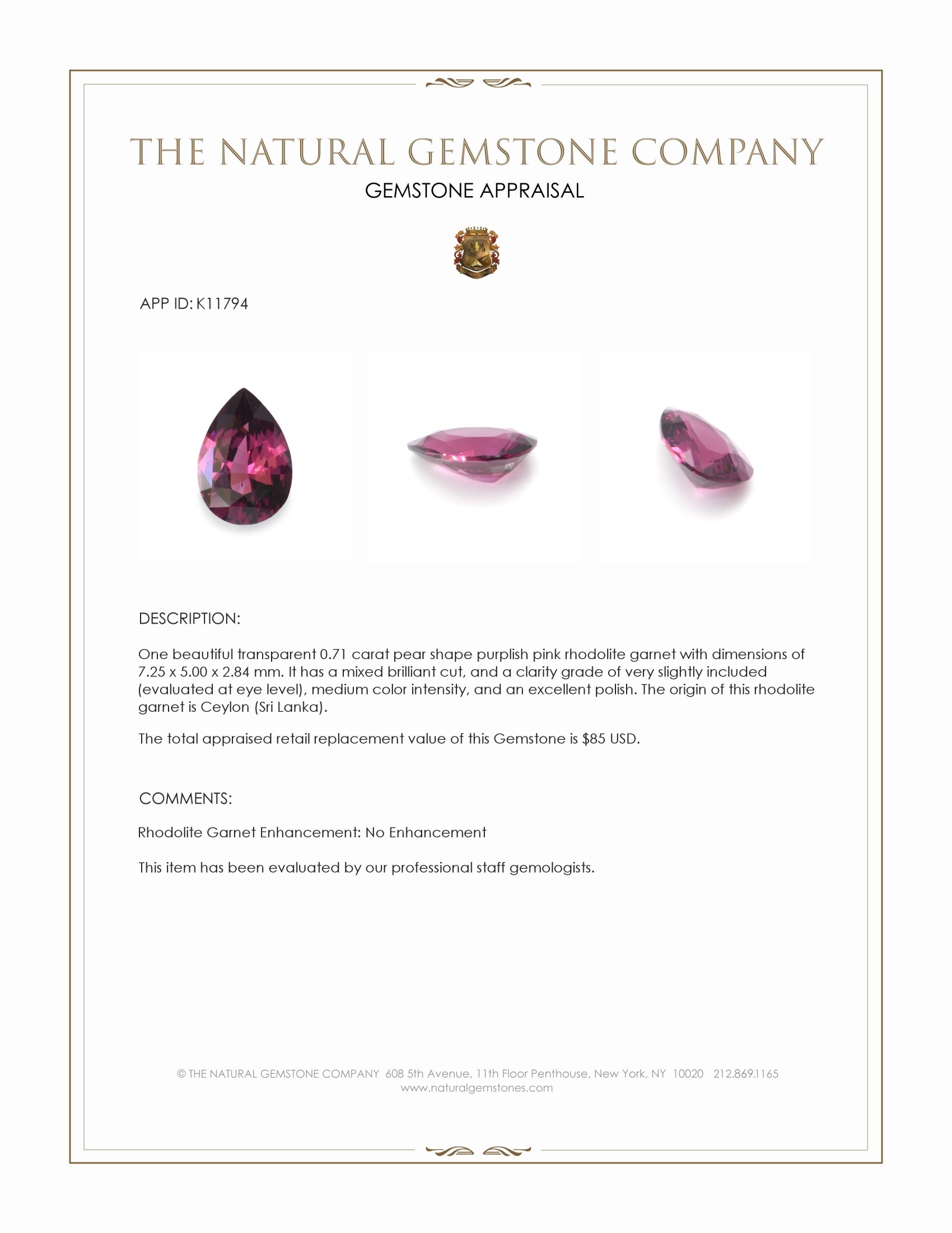 0.71 Ct. Rhodolite Garnet from Ceylon (Sri Lanka)