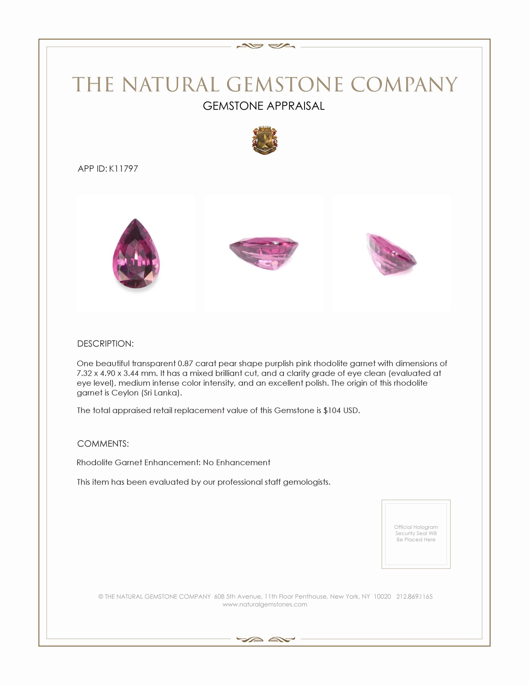 0.87 Ct. Rhodolite Garnet from Ceylon (Sri Lanka)