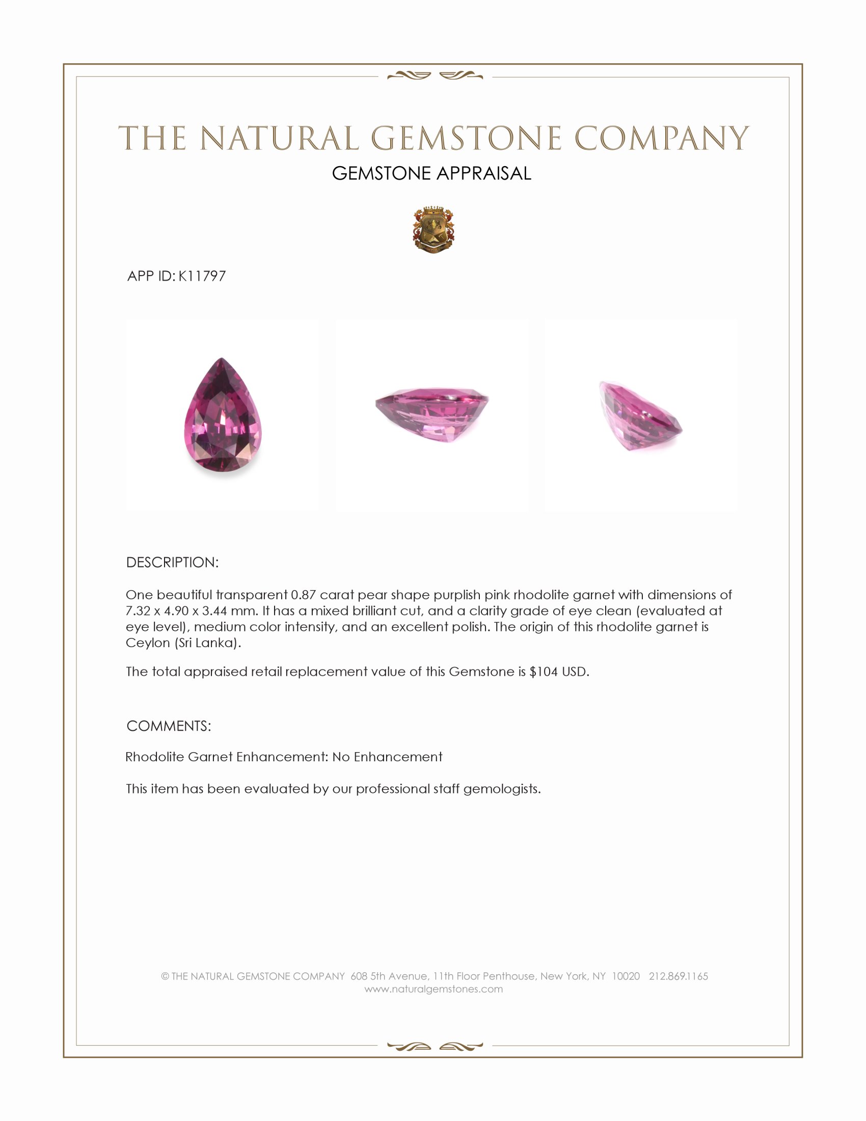 0.87 Ct. Purplish Pink Rhodolite Garnet from Ceylon (Sri Lanka)