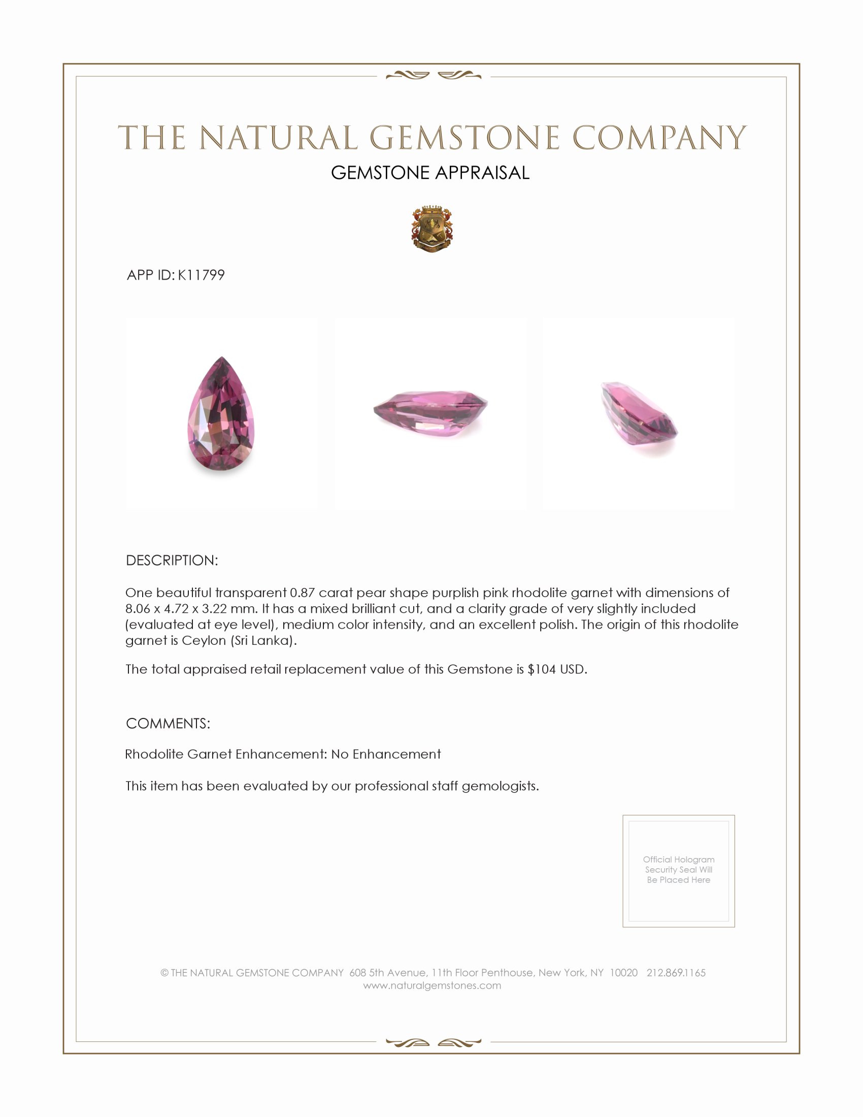 0.87 Ct. Rhodolite Garnet from Ceylon (Sri Lanka)