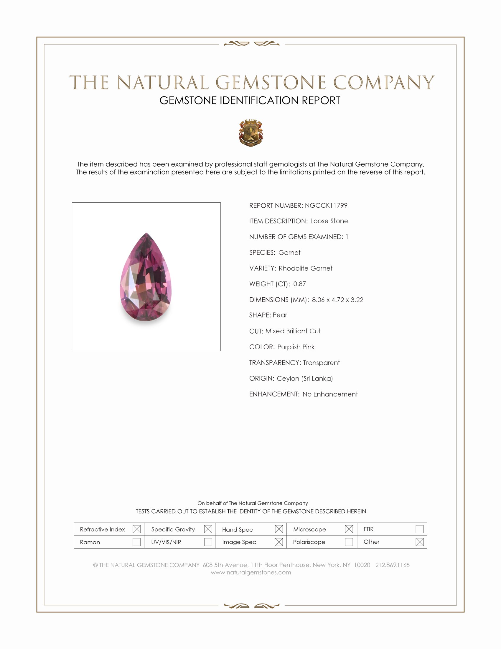 0.87 Ct. Purplish Pink Rhodolite Garnet from Ceylon (Sri Lanka)