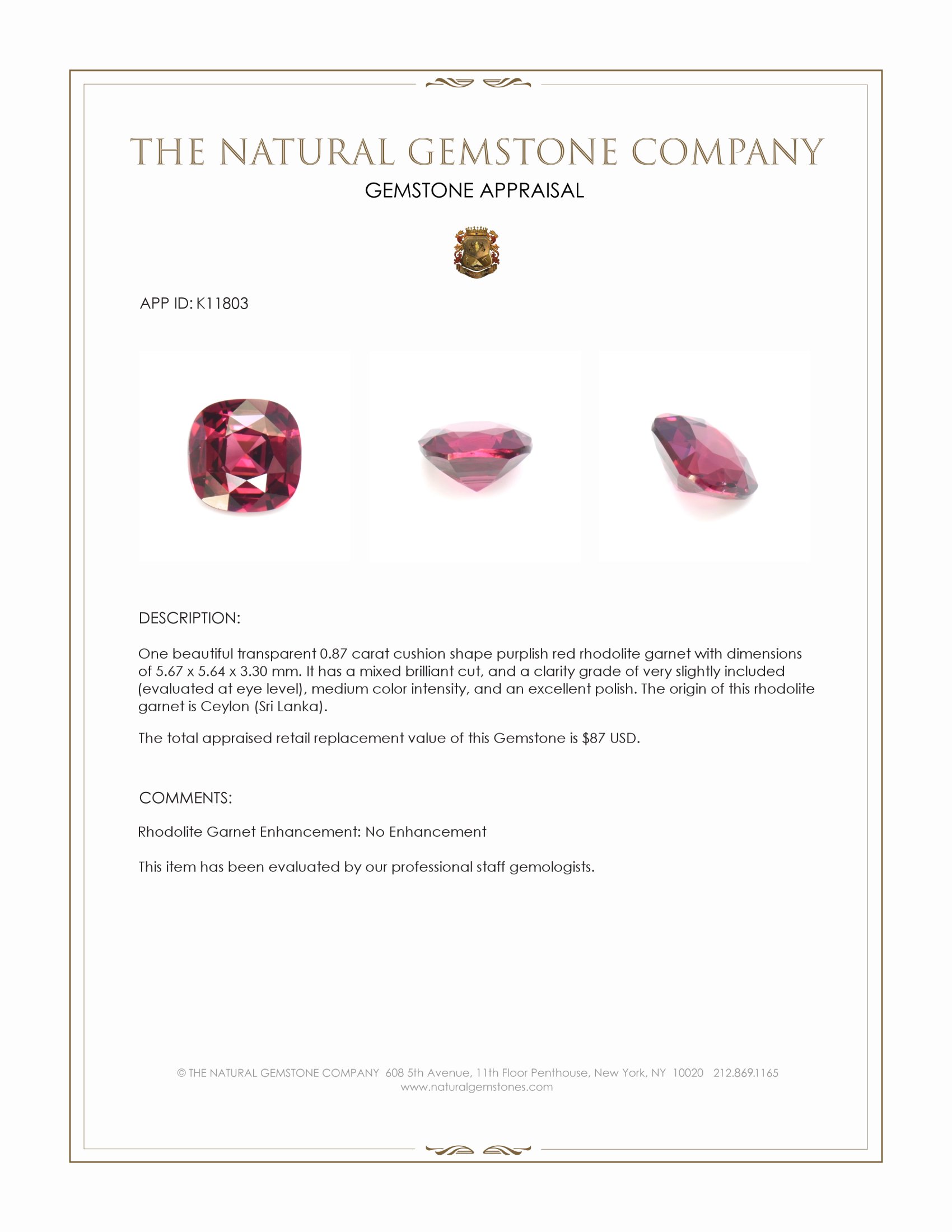 0.87 Ct. Purplish Red Rhodolite Garnet from Ceylon (Sri Lanka)