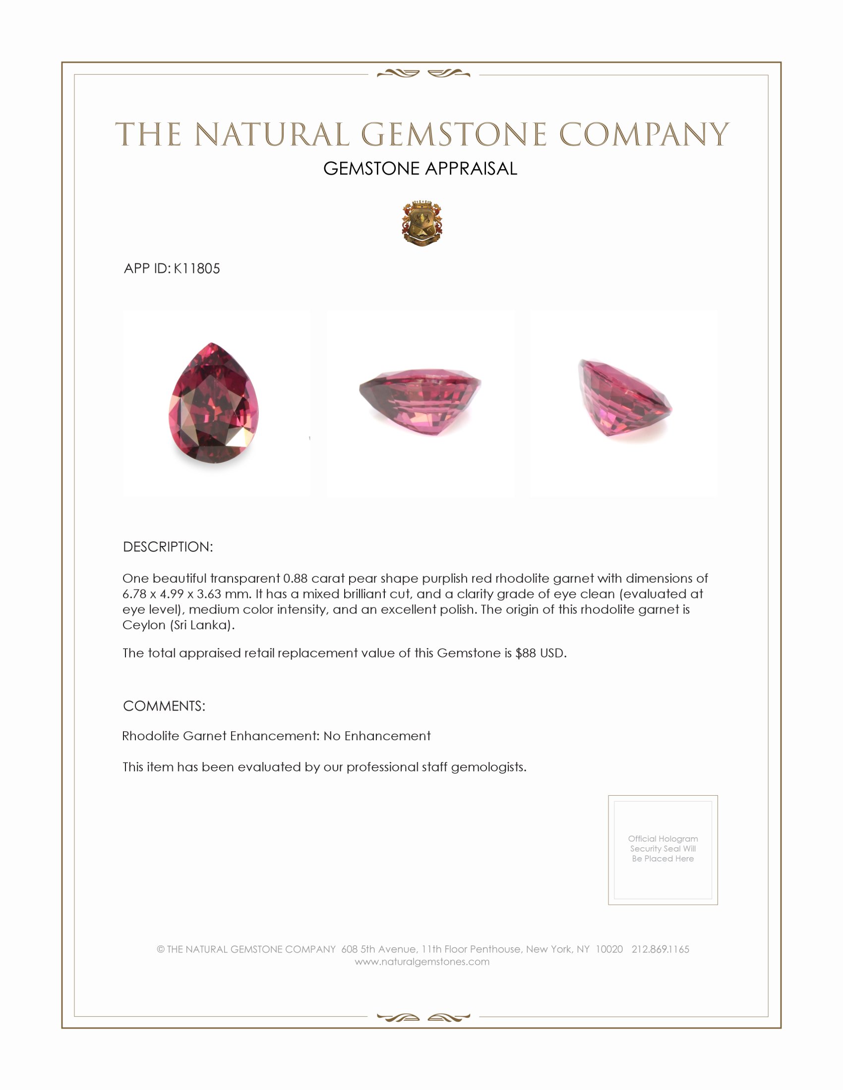 0.88 Ct. Purplish Red Rhodolite Garnet from Ceylon (Sri Lanka)