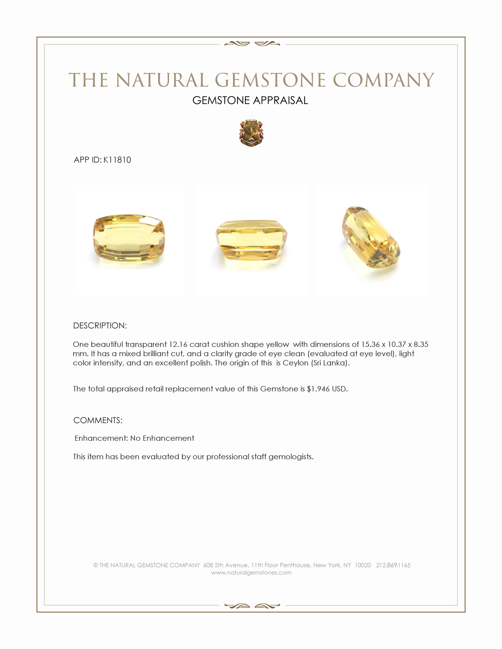 12.16 Ct. Yellow Kornerupine from Ceylon (Sri Lanka)