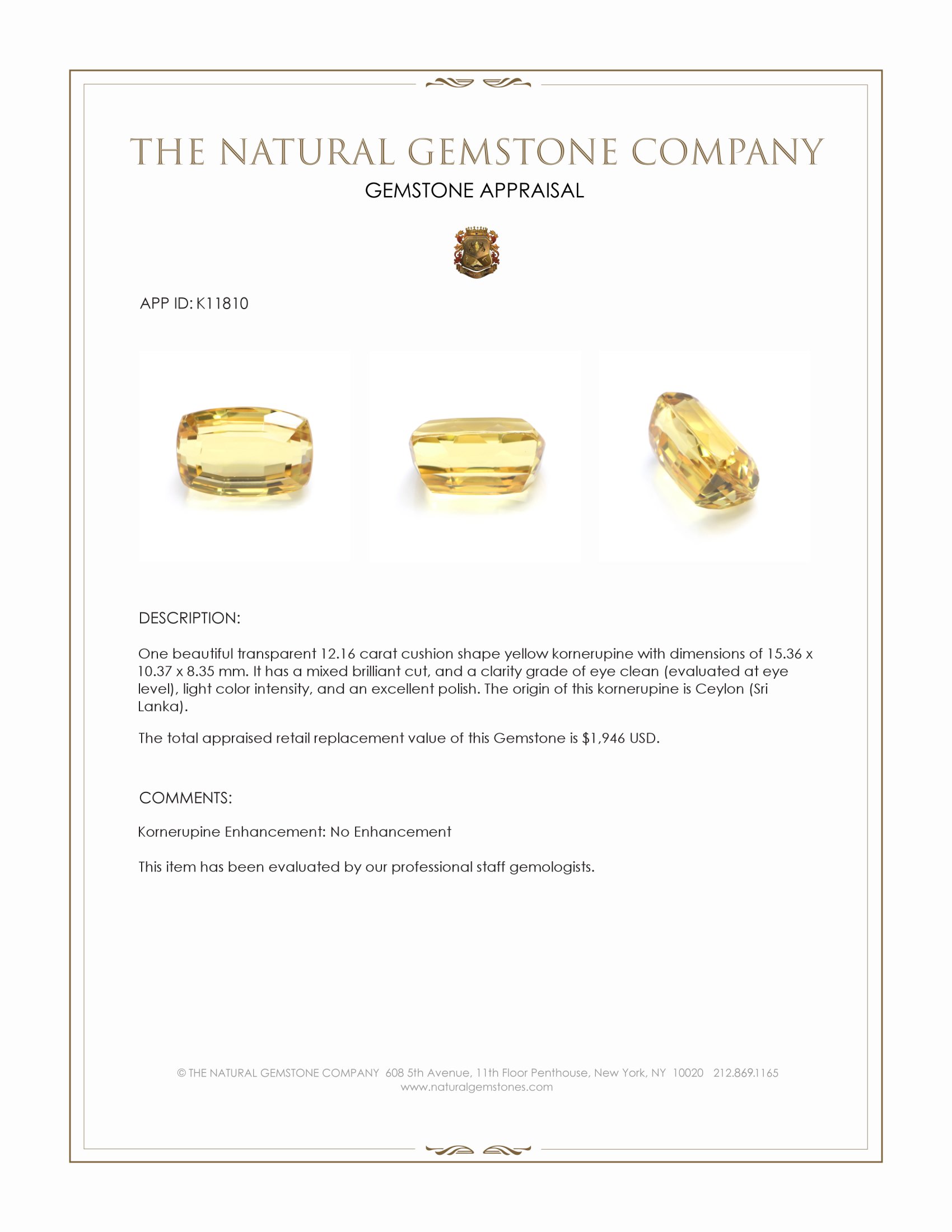 12.16 Ct. Yellow Kornerupine from Ceylon (Sri Lanka)