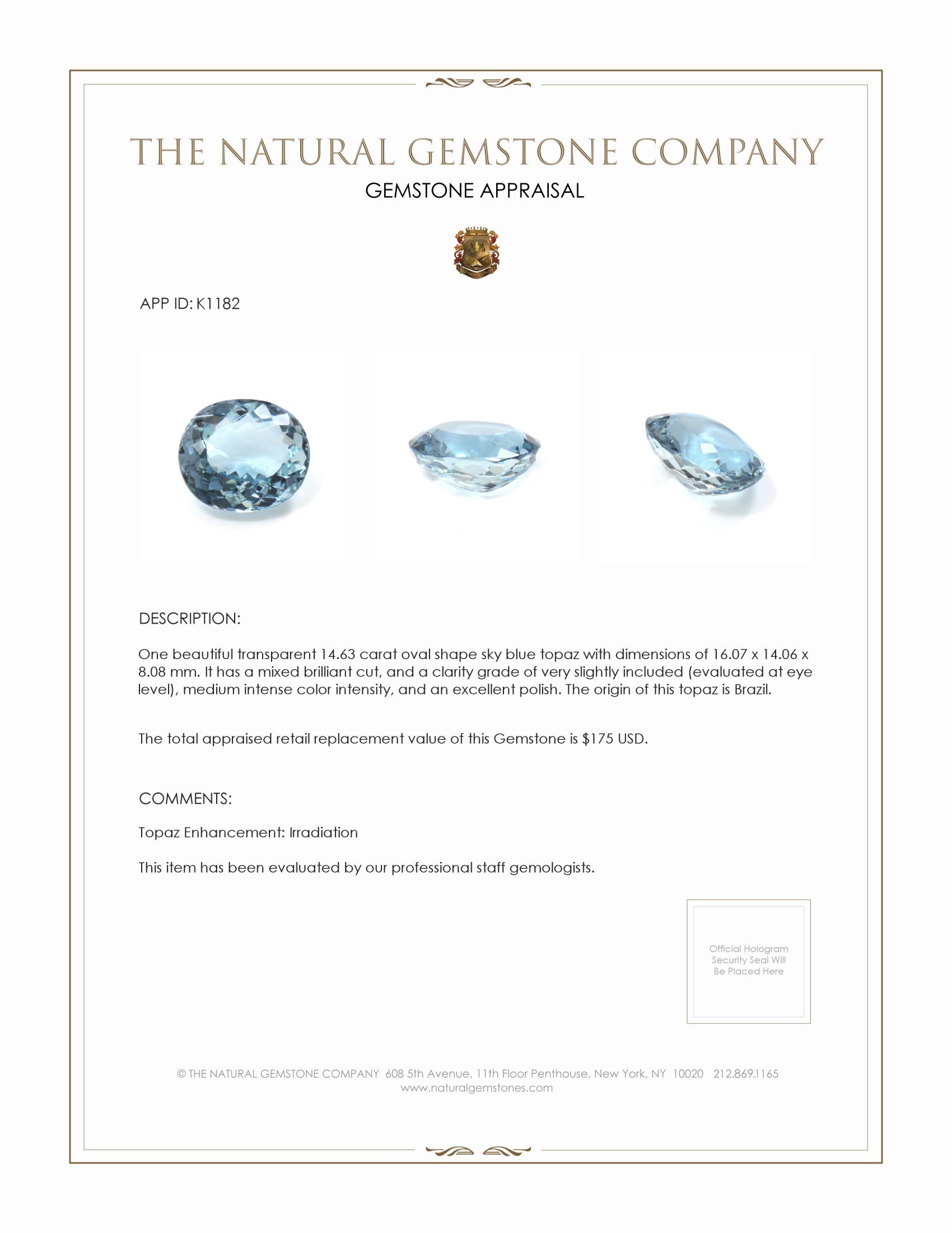 14.63 Ct. Sky Blue Topaz from Brazil