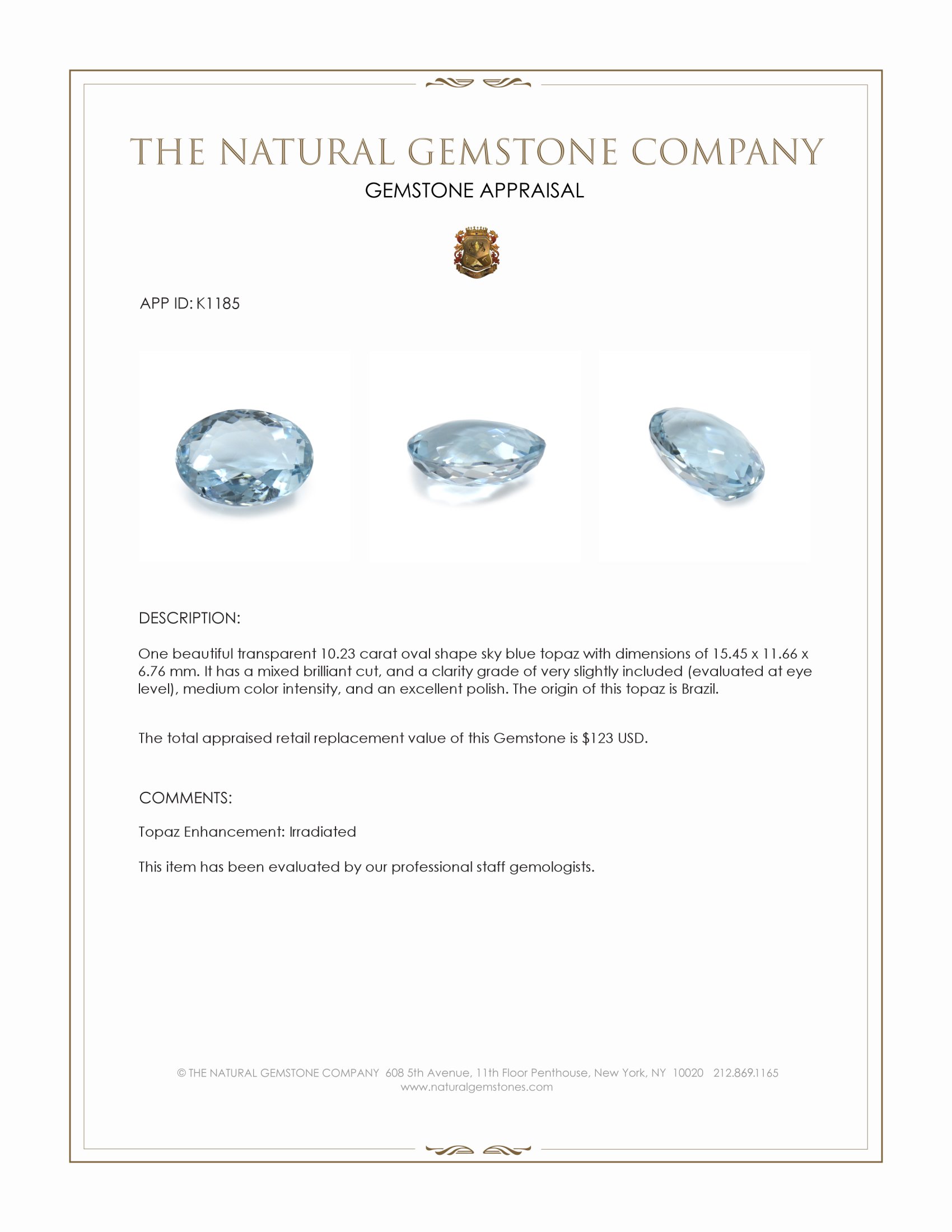 10.23 Ct. Sky Blue Topaz from Brazil