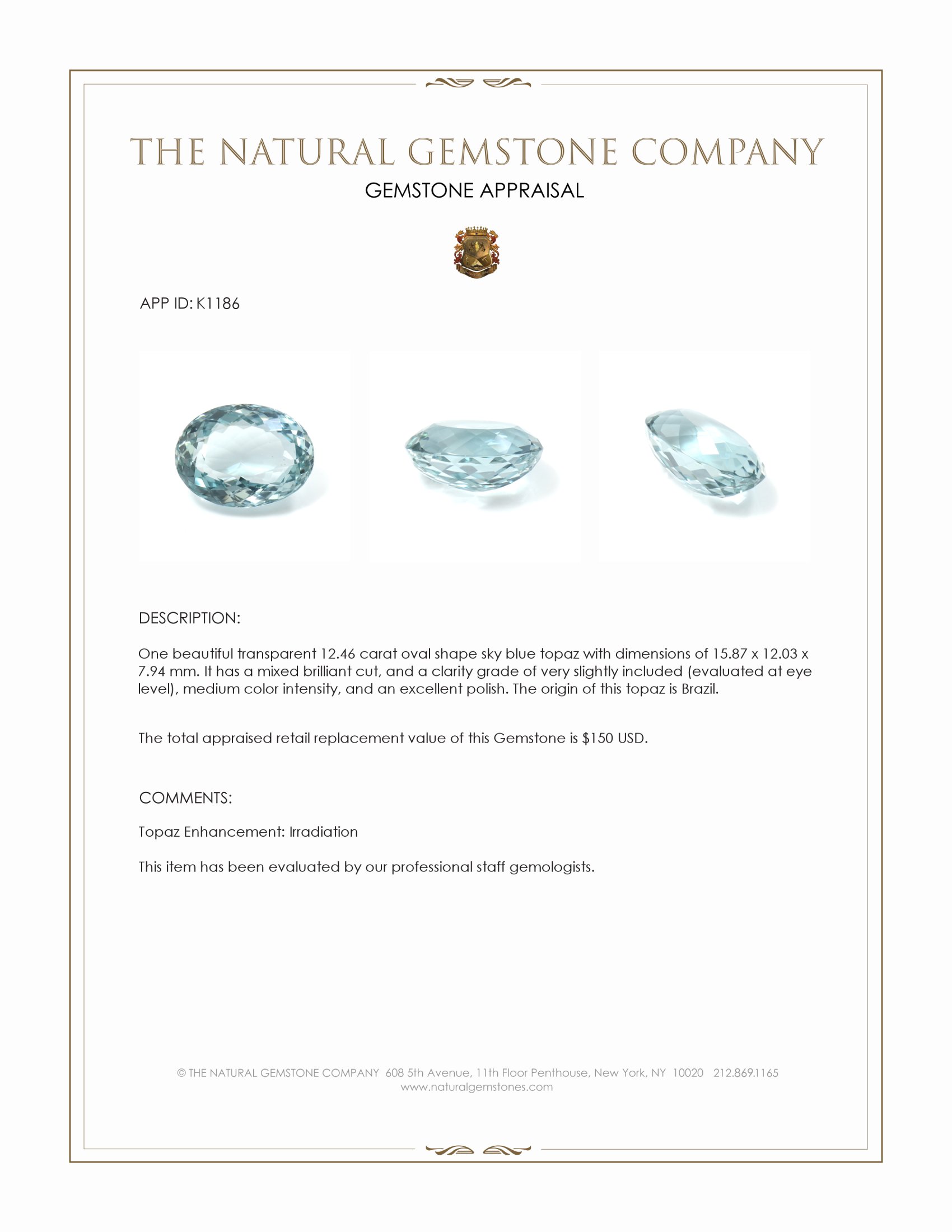 12.46 Ct. Sky Blue Topaz from Brazil