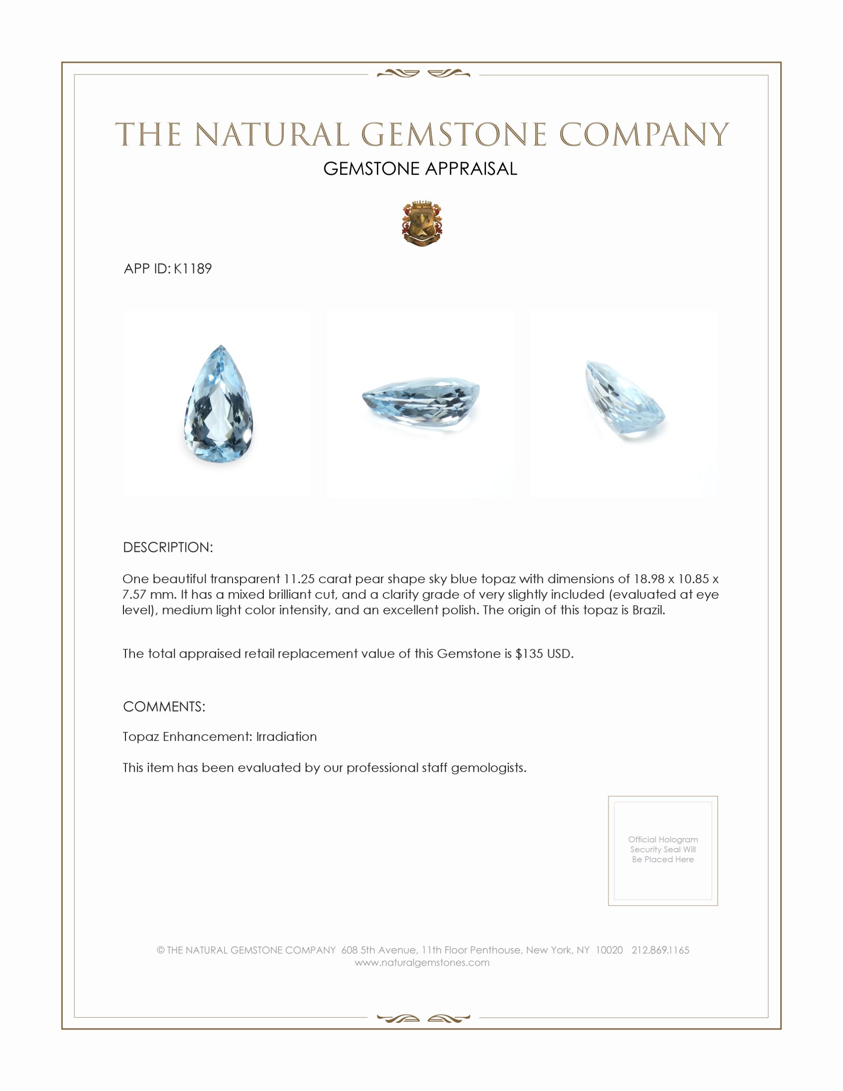 11.25 Ct. Topaz from Brazil