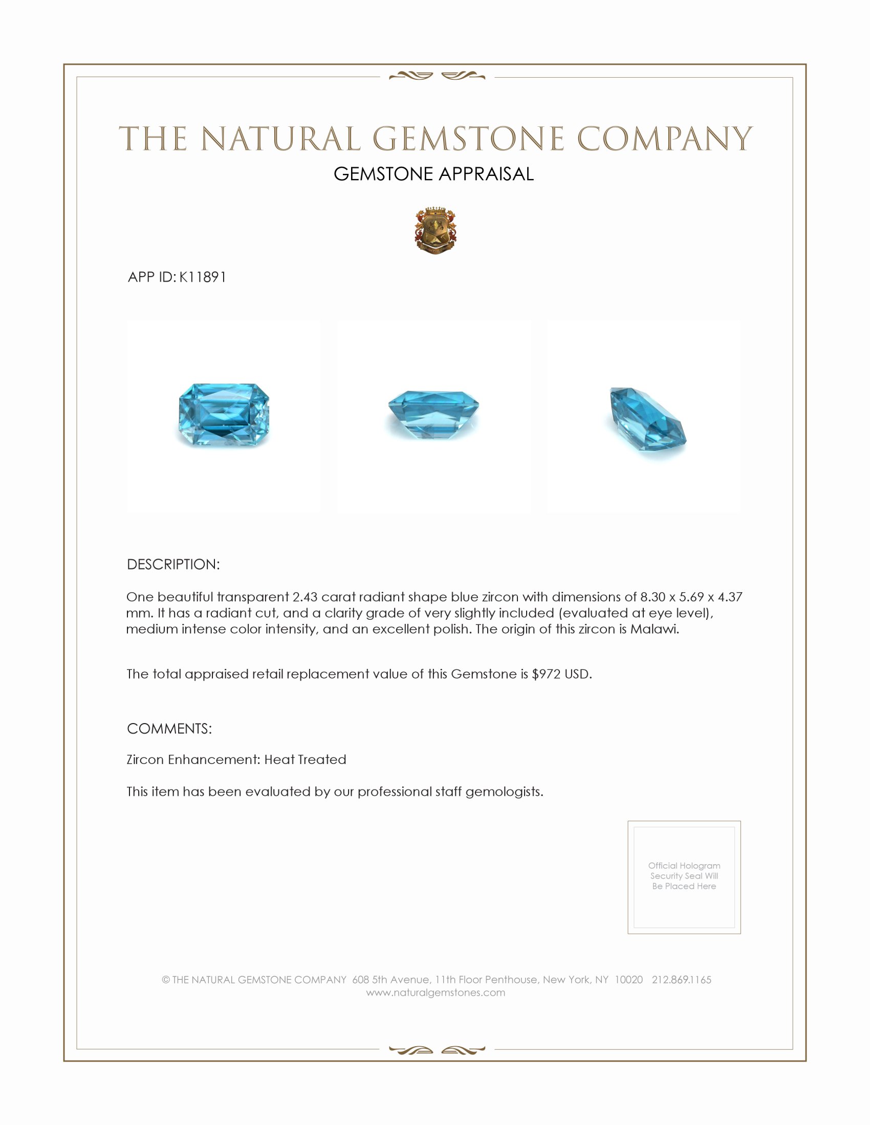 2.43 Ct. Zircon from Malawi