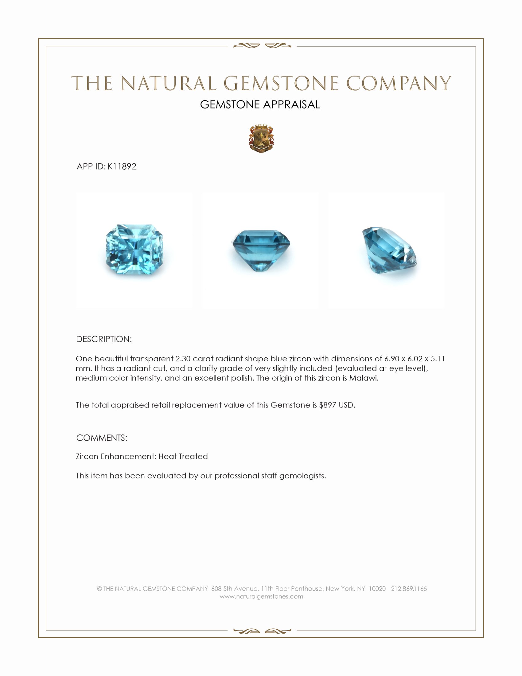 2.30 Ct. Zircon from Malawi