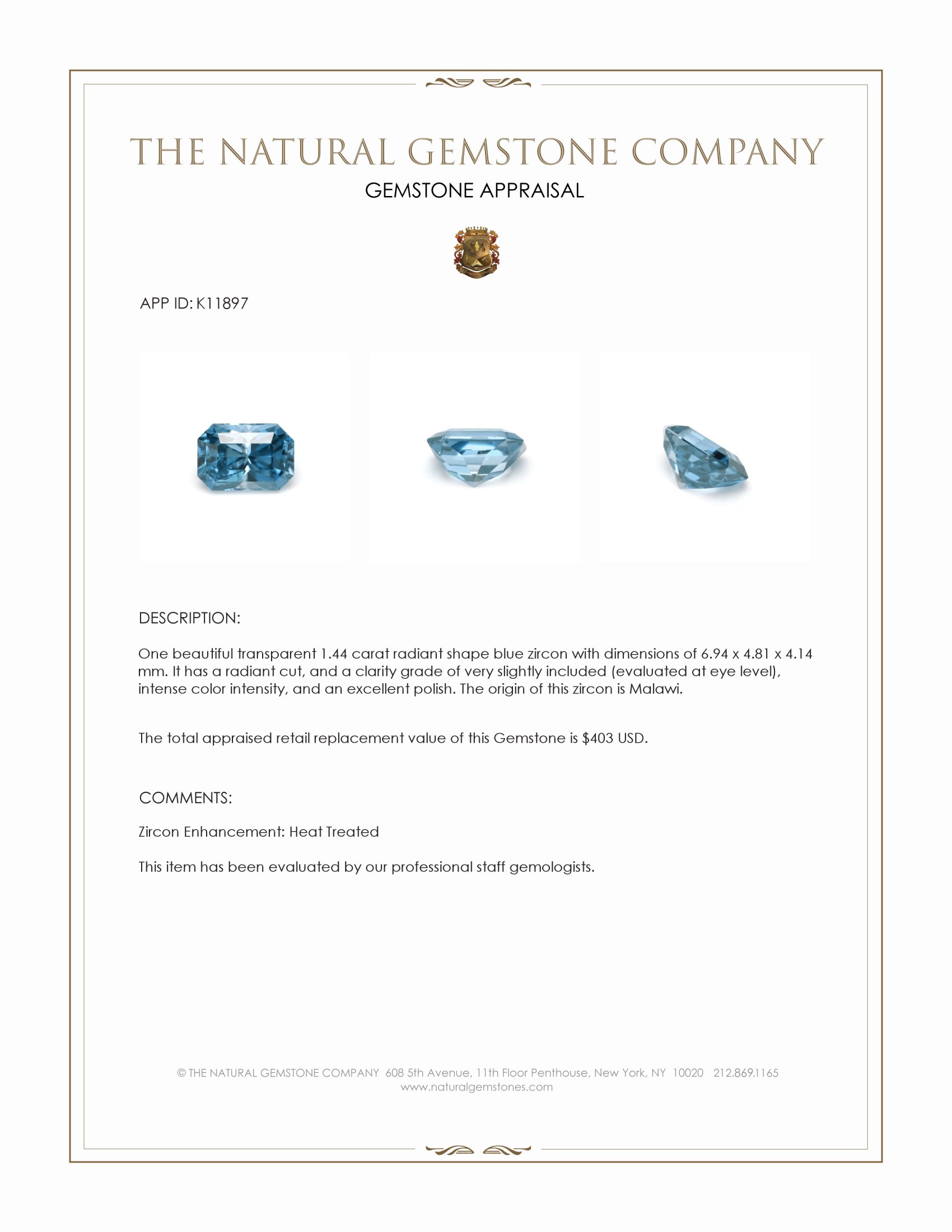 1.44 Ct. Zircon from Malawi