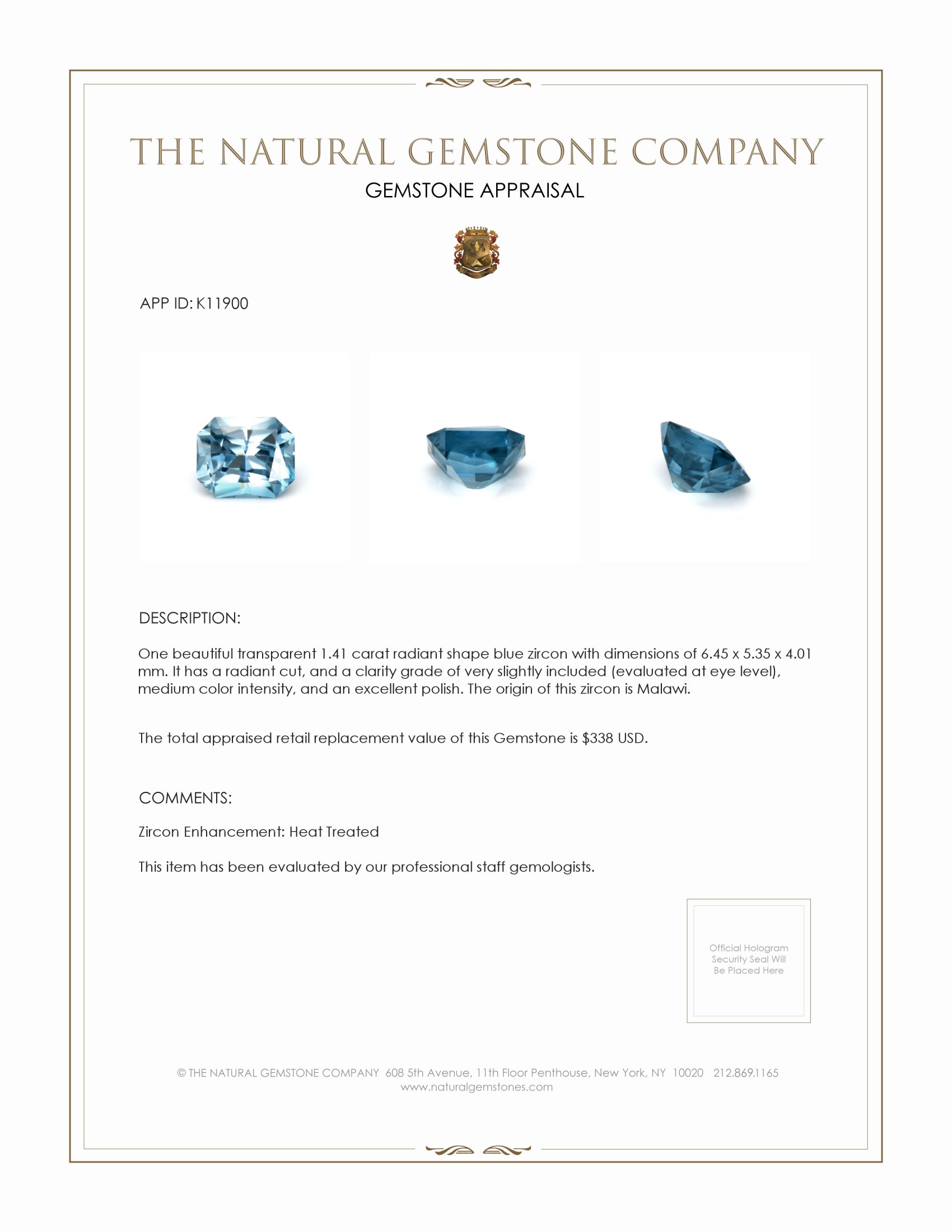 1.41 Ct. Zircon from Malawi
