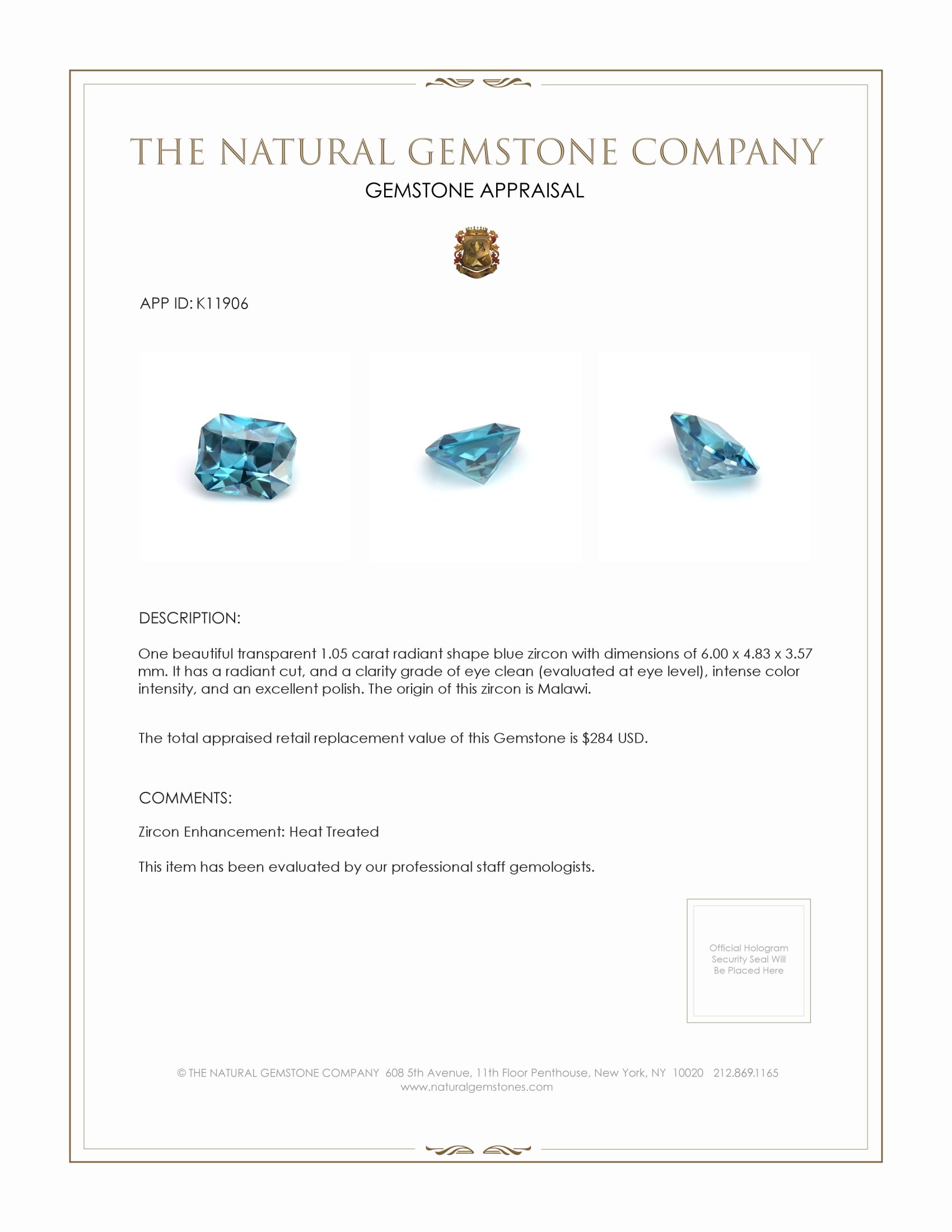 1.05 Ct. Zircon from Malawi