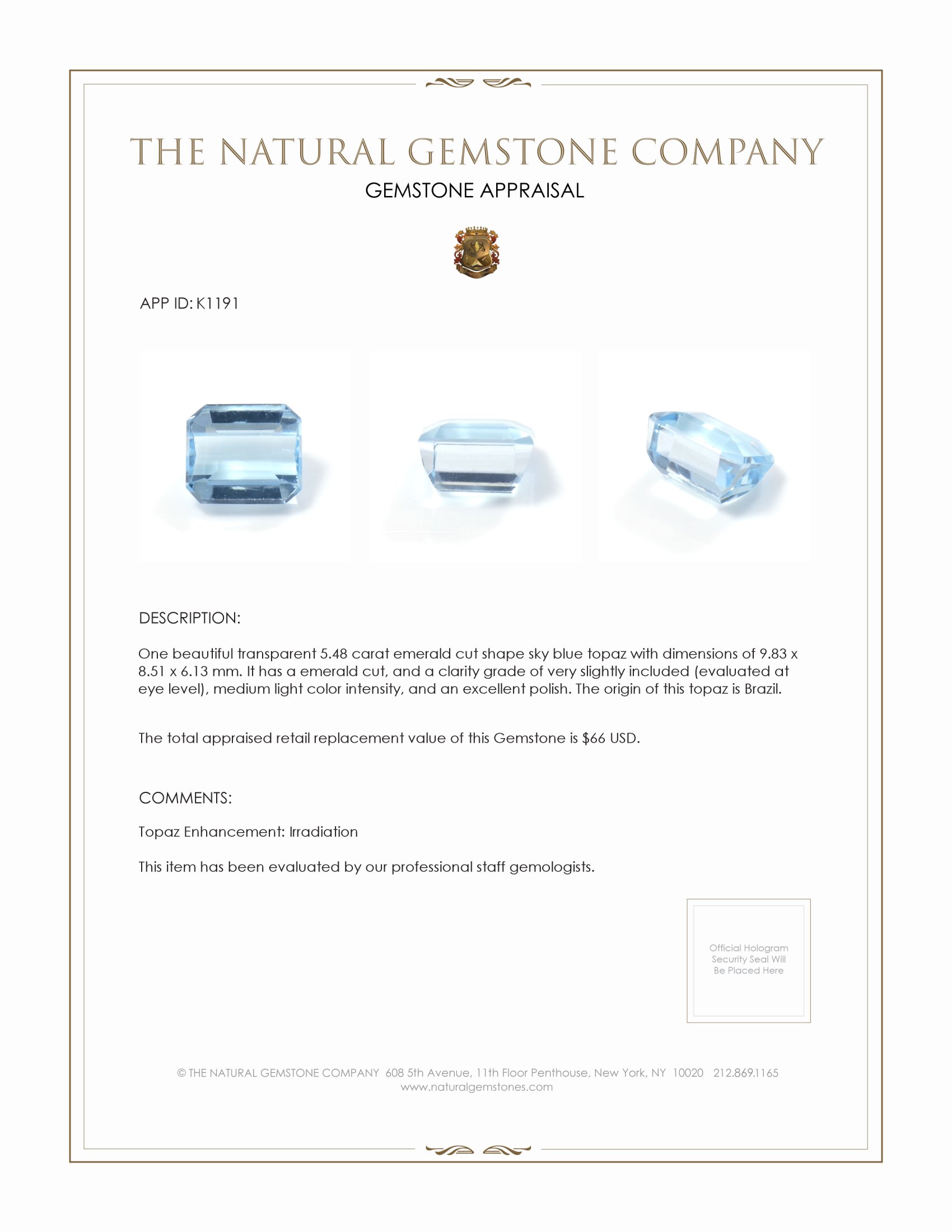 5.48 Ct. Sky Blue Topaz from Brazil