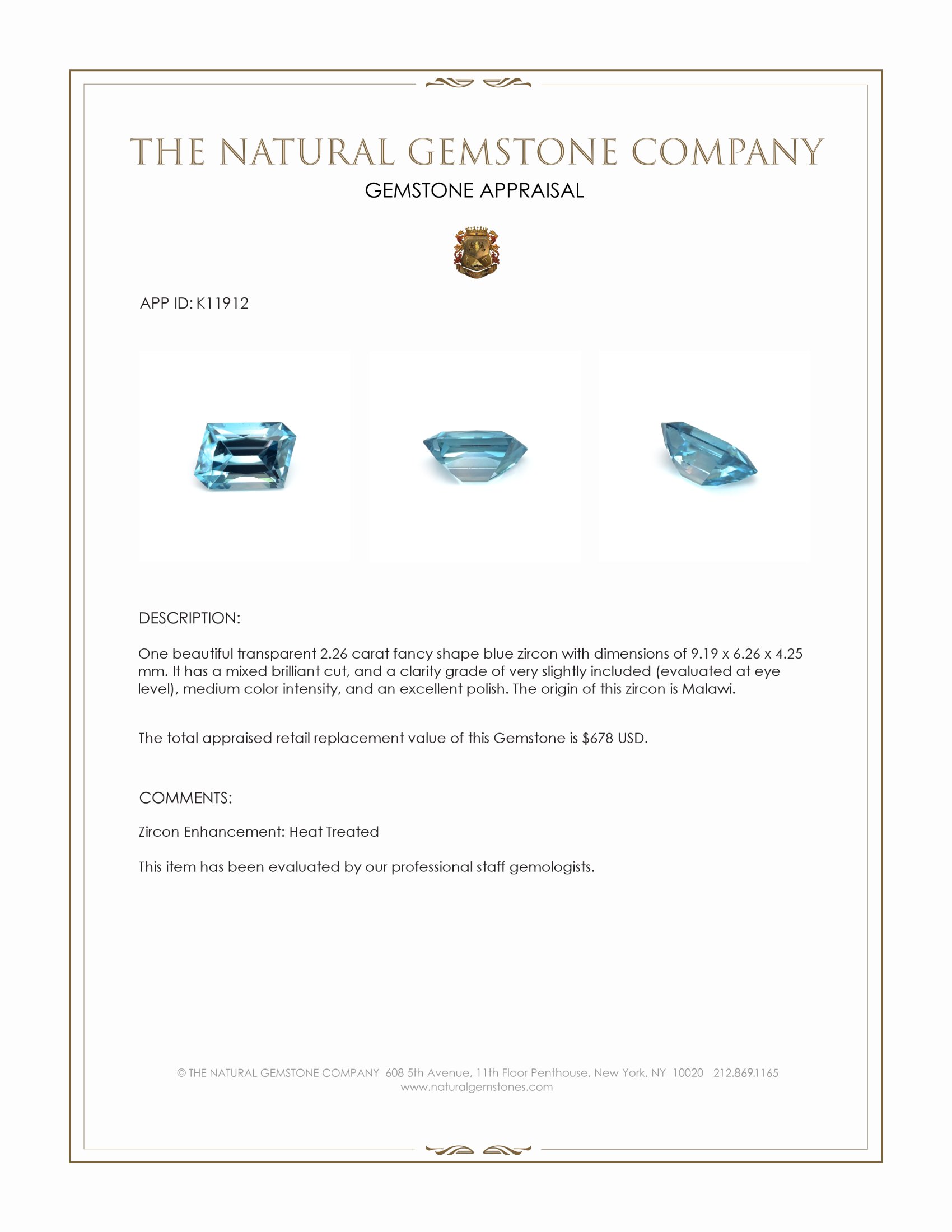 2.26 Ct. Blue Zircon from Malawi