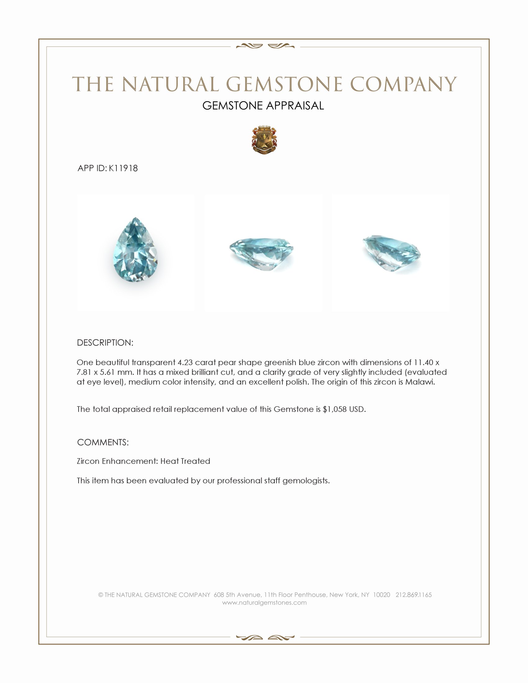 4.23 Ct. Greenish Blue Zircon from Malawi