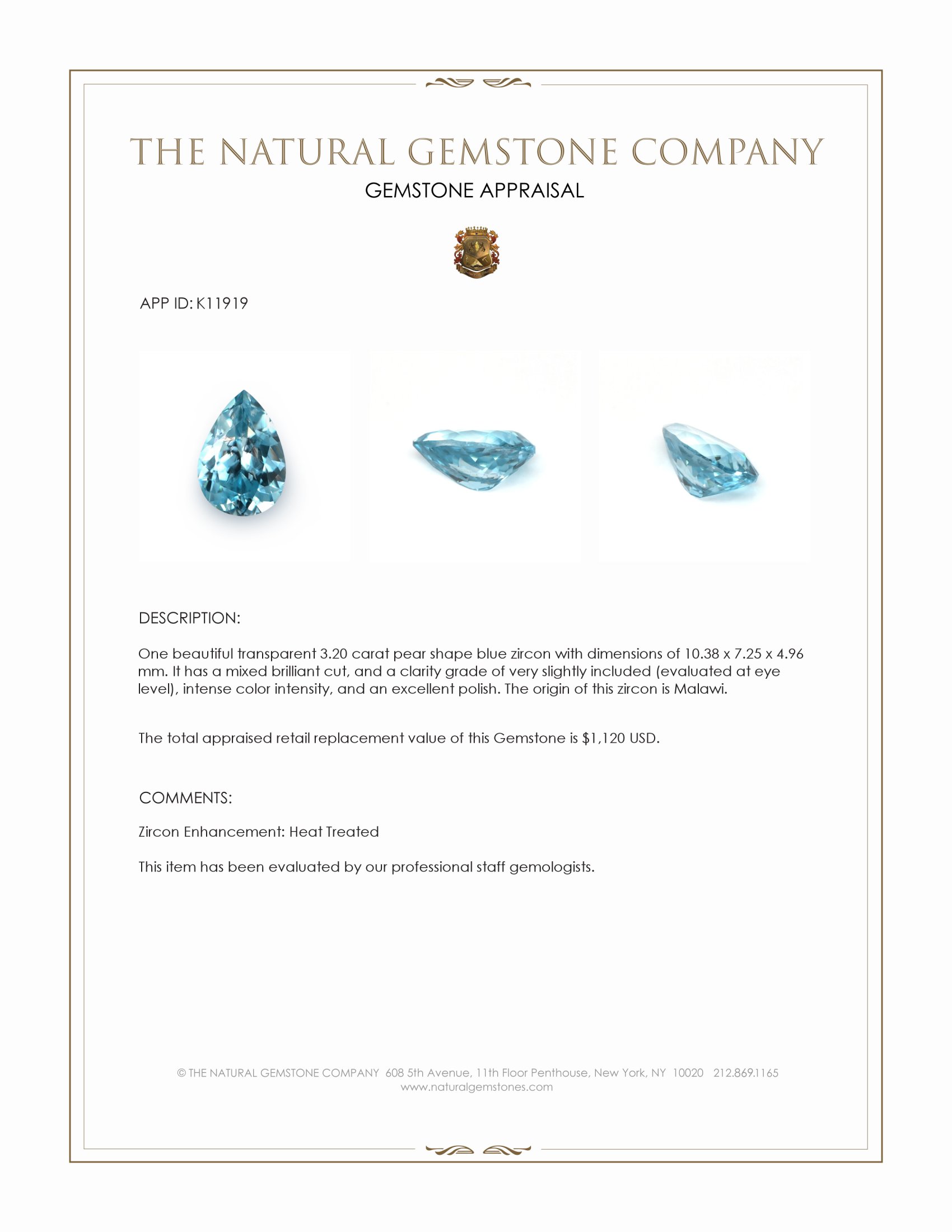 3.20 Ct. Blue Zircon from Malawi