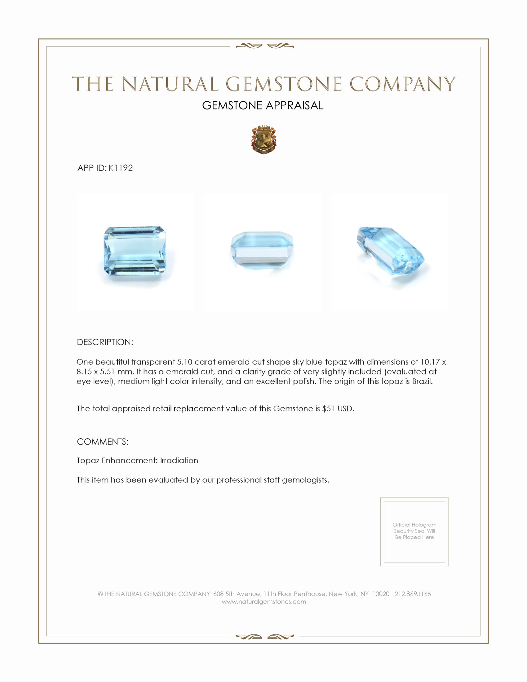 5.10 Ct. Sky Blue Topaz from Brazil
